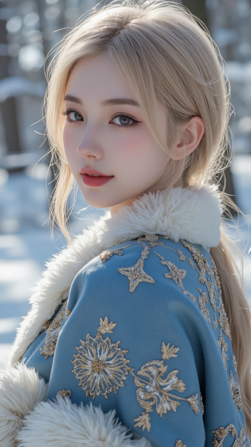 Beautiful Snow Queen (beautiful eyes, beautiful red lips, white skin, long golden hair), wearing a blue cape with white fur, with a fractal pattern, finely and beautifully embroidered with gold thread, laughing innocently beside a snowman in a snowy landscape, close-up face,