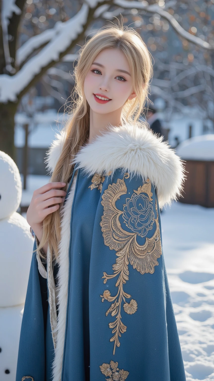 Beautiful Snow Queen (beautiful eyes, beautiful red lips, white skin, long golden hair), wearing a blue cape with white fur, with a fractal pattern, finely and beautifully embroidered with gold thread, laughing innocently beside a snowman in a snowy landscape, close-up face,