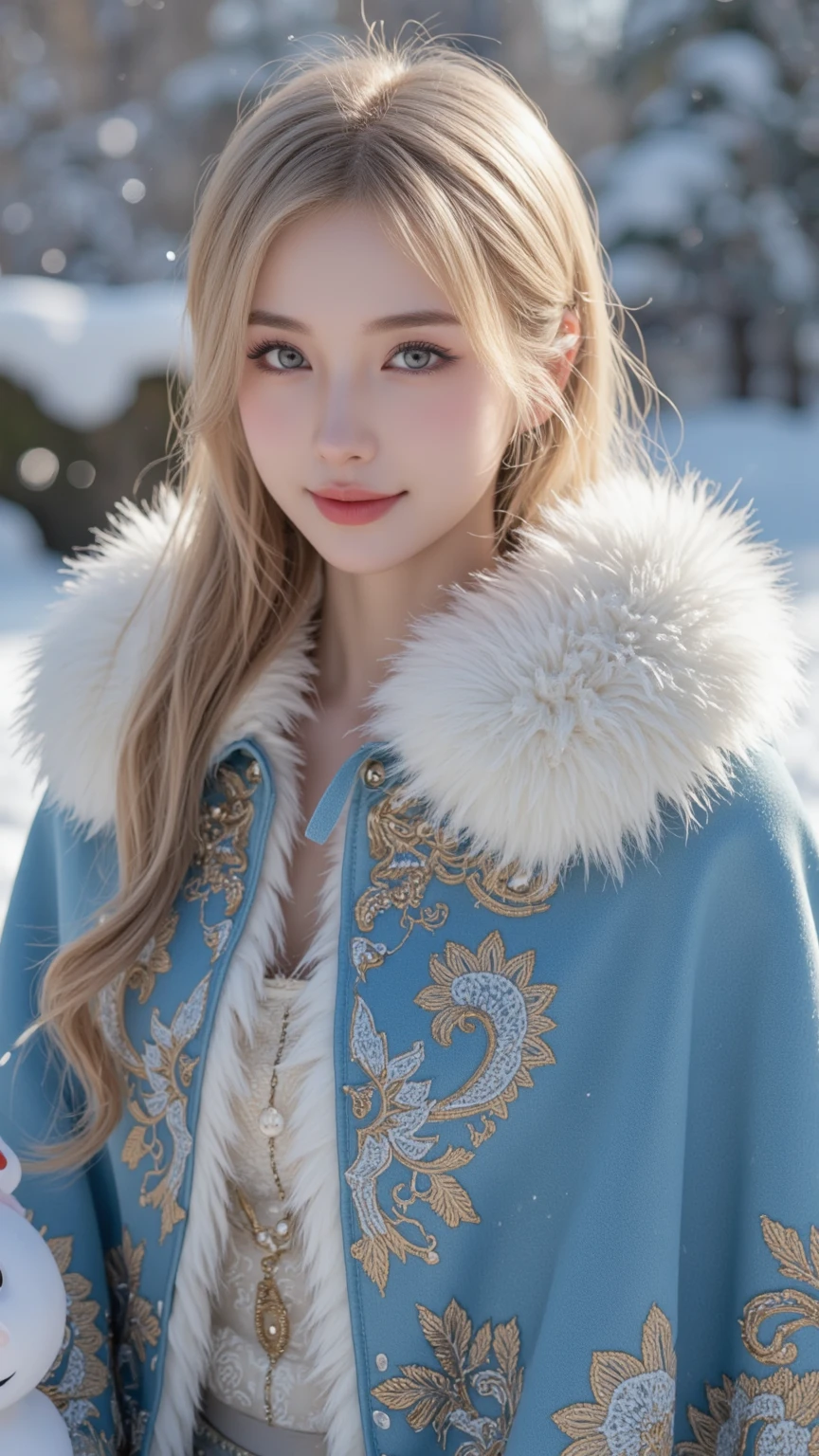 Beautiful Snow Queen (beautiful eyes, beautiful red lips, white skin, long golden hair), wearing a blue cape with white fur, with a fractal pattern, finely and beautifully embroidered with gold thread, laughing innocently beside a snowman in a snowy landscape, close-up face,