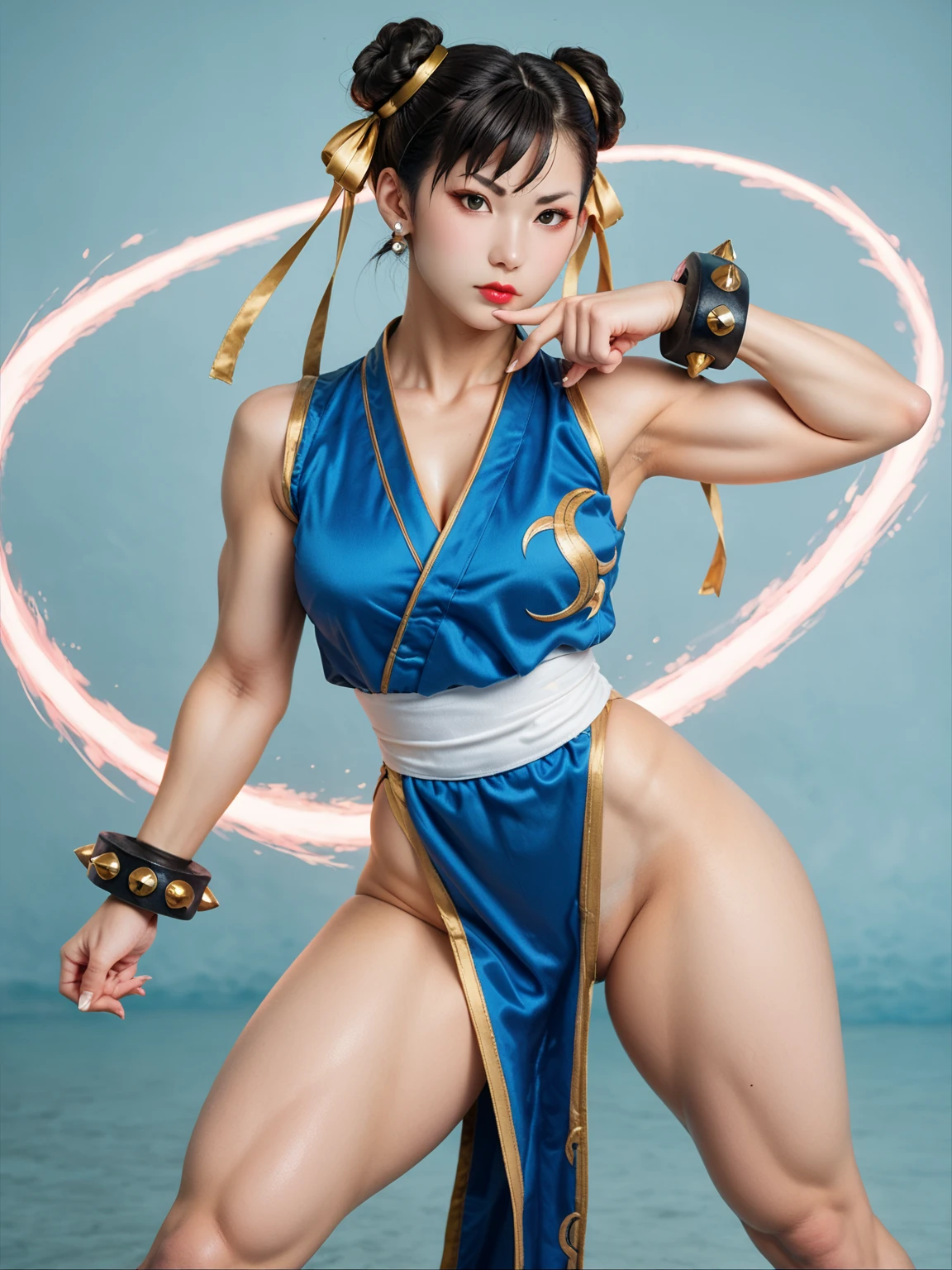 ((最high quality, 8K, masterpiece: 1.3, Ultra HD, high quality, 最high quality, High resolution, realism)) 、(high color saturation:1.0), (highly detailed skin), (最high quality:1.0), (超High resolution:1.0) ,(realistic:1.0), (Super detailed:1.0), (8K, Raw photo:1.1), slender、Slender, muscular body that&#39;s toned like an athlete&#39;s、street fighter chun li、Pastel blue background