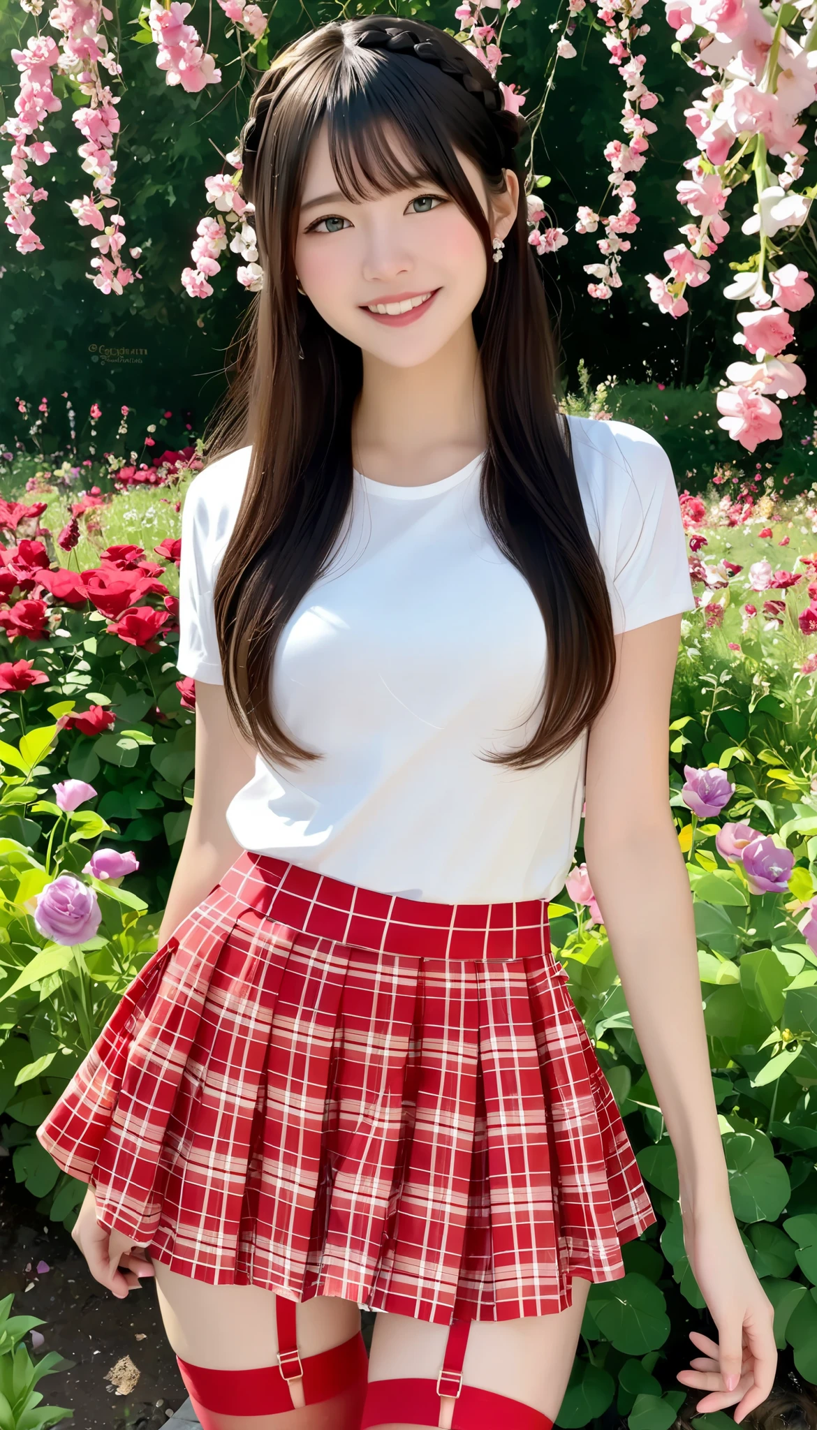 HD、Masterpiece、 realistic、 perfect anatomy,Japanese girl, is cute 女の子、超 is cute 、Where's the hair 、Very short,、zoom、 is cute 、Gray Eye、 French Braid 、 black hair、 white t-shirt 、( gingham check culotte skirt:1.37), Red Stockings 、 Red Garter Belt 、belly button,blank, outdoor、garden、Flower Field