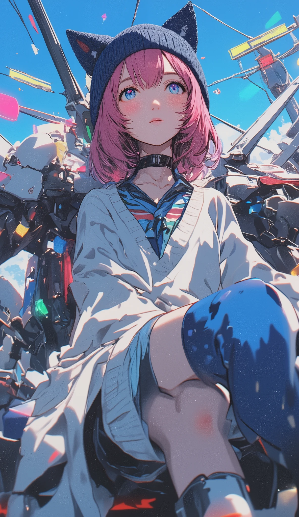 pink hair 、Large white long sleeve V wearing a neck sweater 、 short hair while on a business trip 、blue eyes、 Japanese high school girl style 、 navy blue knitted hat with cat ears 、V neck shirt with blue sleeves underneath the sweater 、 with red and navy blue stripes loosely worn、Necktie is inside a knit 、 upper body、White elbow rest sitting in the cockpit of a robot that maneuvers according to body movements、colorful light background、 that area shines brightly 、 full of cross lights 、 Looking Up at the Sky 、