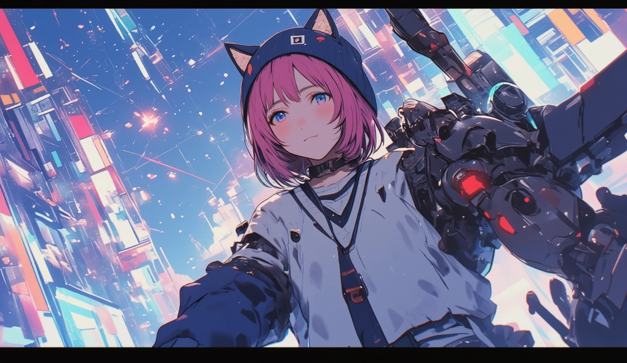 pink hair 、Large white long sleeve V wearing a neck sweater 、 short hair while on a business trip 、blue eyes、 Japanese high school girl style 、 navy blue knitted hat with cat ears 、V shirt with blue sleeves underneath the neck sweater、 with red and navy blue stripes loosely worn、Necktie is inside a knit 、 upper body、White elbow rest sitting in the cockpit of a robot that maneuvers according to body movements、colorful light background、 that area shines brightly 、 full of cross lights 、 Looking Up at the Sky 、