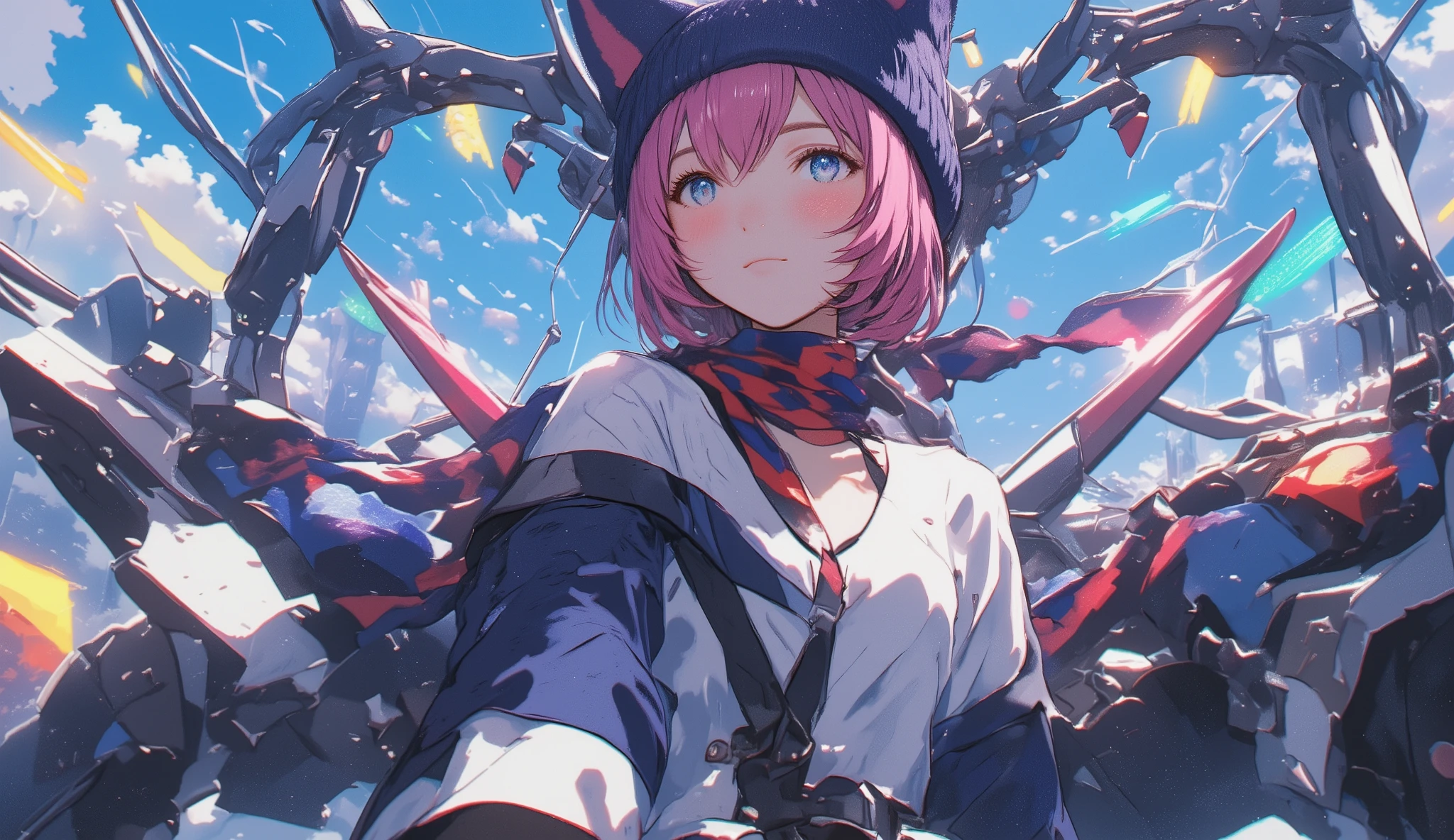 pink hair 、Large white long sleeve V wearing a neck sweater 、 short hair while on a business trip 、blue eyes、 Japanese high school girl style 、 navy blue knitted hat with cat ears 、V neck shirt with blue sleeves underneath the sweater 、 with red and navy blue stripes loosely worn、Necktie is inside a knit 、 upper body、White elbow rest sitting in the cockpit of a robot that maneuvers according to body movements、colorful light background、 that area shines brightly 、 full of cross lights 、 Looking Up at the Sky 、