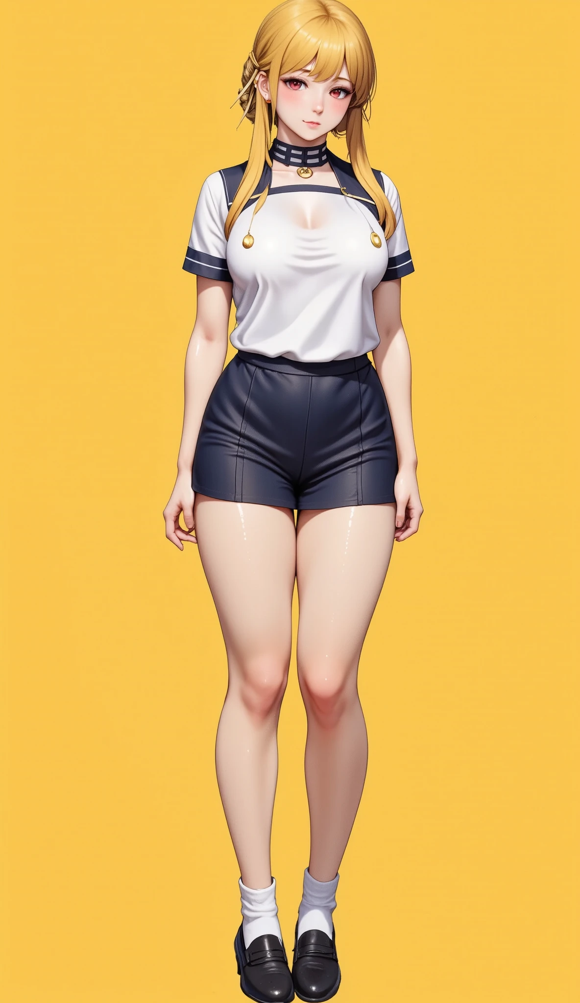 1 high school girl + sailor suit + loose socks + loafers +Yellow Hair+ ponytail+ tanned brown skin+ Textured Skin+ Standing full body + best quality + simple vibrant background
