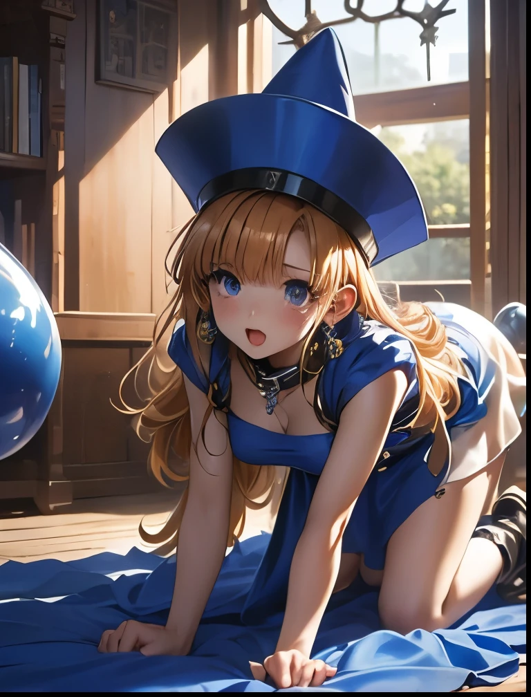 (((SFW、Accuracy、Highest quality、 A first-class masterpiece 、 Normal body 、8k、 detailed color 、 super precision 、 Normal Hands 、5See also、Highest)))、" Dragon Quest IV"、 Arena、arena、 Blonde、 straight long hair、 short、 slender、 see-through transparent erotic dress with ripped open chest 、 sheer transparent transparent mini skirt with torn underwear exposed、Ripped Blue Cloak 、 Tattered Blue Pointy Hat 、See-through transparent clothing with torn skin 、Navel exposed、 heart pimples tattoo on the lower abdomen 、Heart tattoo on the womb 、Half naked、defeat、Anxious face、regrettable、tears、blush、 on all fours、rolled up howing off、High leg cut panties、The Fall of Slaves、 Chain Lead Slave Collar 、Sex slave、Chain lead to pull from the collar、ChainRead、Chain、Nippleclamp Chain、 on all fours、palace、 Throne Room、 on all fours、penalty、example、Spectators
