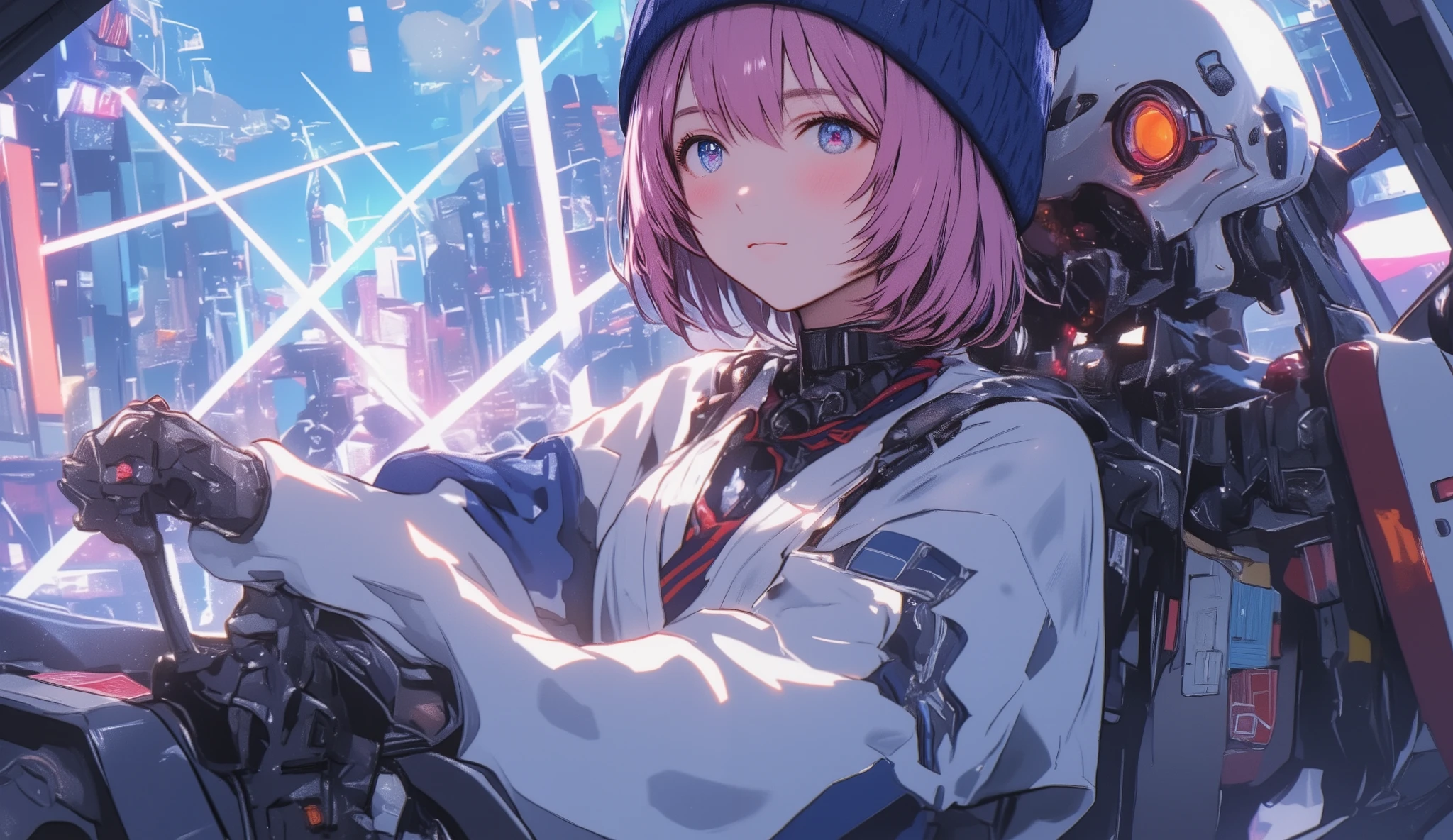 pink hair 、Large white long sleeve V wearing a neck sweater 、 short hair while on a business trip 、blue eyes、 Japanese high school girl style 、 navy blue knitted hat with cat ears 、V neck shirt with blue sleeves underneath the sweater 、 with red and navy blue stripes loosely worn、Necktie is inside a knit 、 upper body、White elbow rest sitting in the cockpit of a robot that maneuvers according to body movements、colorful light background、It shines brightly and is full of cross lights 、 Looking Up at the Sky 、