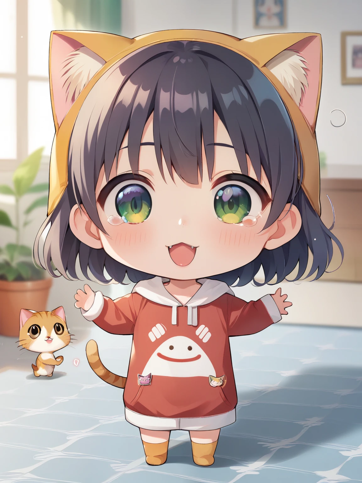 Anime girl with cat ears and a cat tail standing in a room - SeaArt AI
