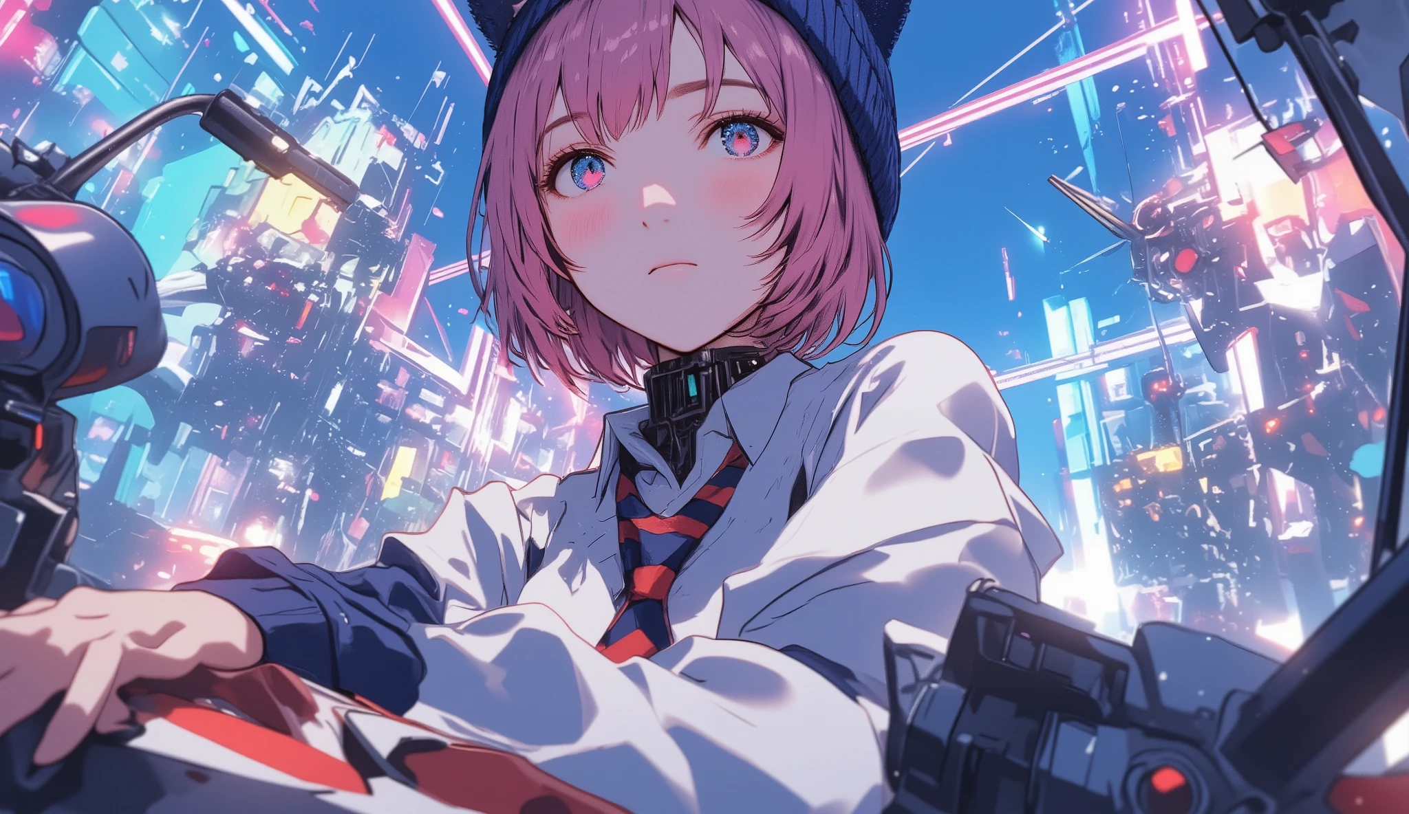  pink hair  、Large white long sleeve Ｖ wearing a neck sweater  、  short hair while on a business trip 、blue eyes、  Japanese high school girl style 、 navy blue knitted hat with cat ears 、Ｖ neck shirt with blue sleeves underneath the sweater 、 with red and navy blue stripes loosely worn、Necktie is inside a knit 、 upper body、White elbow rest sitting in the cockpit of a robot that maneuvers according to body movements、colorful light background、It shines brightly and is full of cross lights 、 Looking Up at the Sky 、