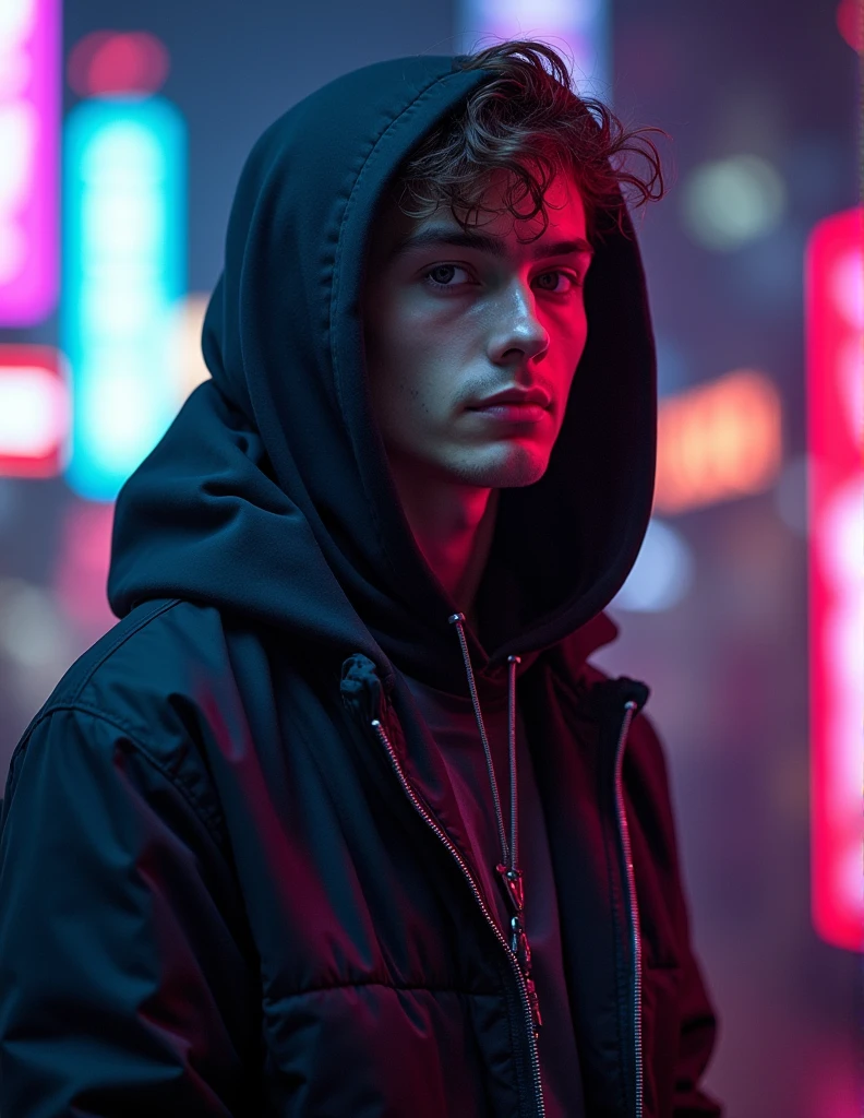 Arafed man in a black jacket and hoodie standing in a city at night ...