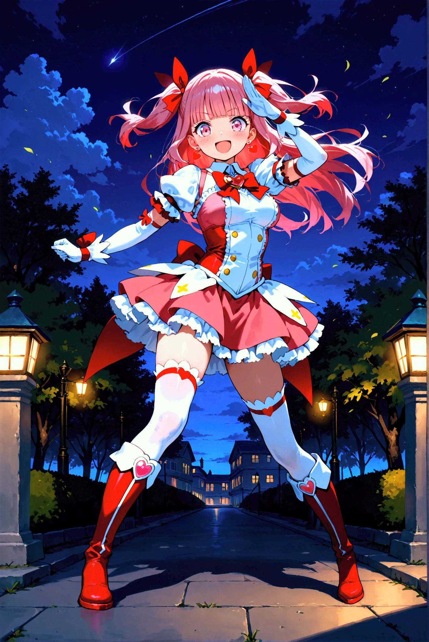 masterpiece, best quality, (1girl, solo),
red angel, 1girl, solo, thighhighs, twintails, gloves, white thighhighs, orange hair, bow, zettai ryouiki, open mouth, red dress, boots, long sleeves, ribbon, skirt, green eyes,
<lora:RedAngel0010:0.65>
blush, smile, striped panties,
( outdoors, city,cowboy shot , dynamic pose, looking at viewer, ),