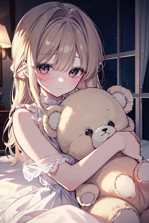 (Highest picture quality), (Master's work),(Detailed eyes description),(Detailed face description), 1girl, shiina mahirum yellow eyes, 1girl, solo, lingerie, panties, bra, strap slip, blunt bangs, floating hair, long hair, midriff peek, looking at viewer, side view, fang, (hugging stuffed animal, hugging plush:1.2), indoors, bedroom, sitting, on bed, solo, chocker, curled up, legs together