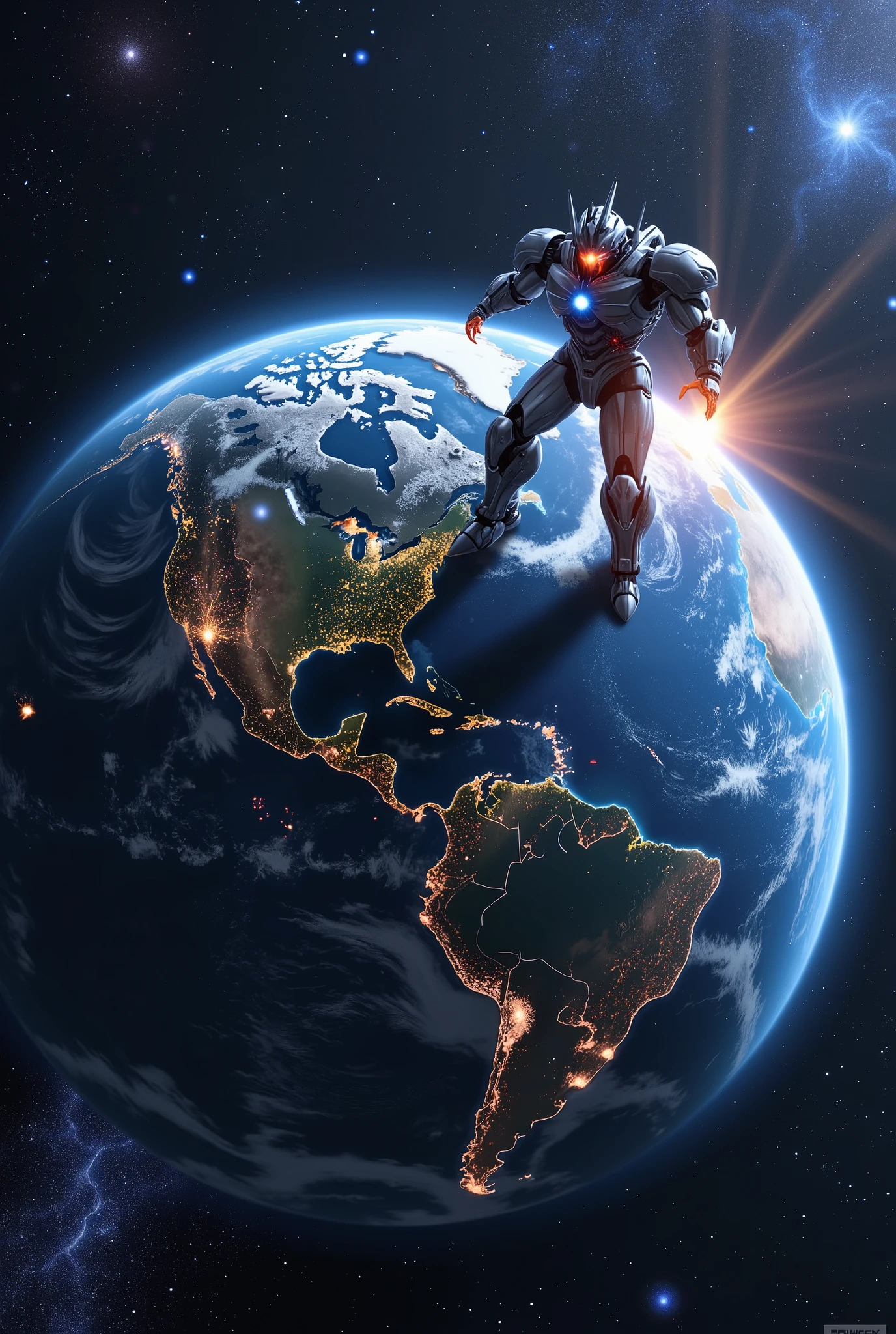Earth as a complete sphere floating in deep space, glowing atmosphere with a faint blue bloom effect, continents, oceans, and clouds highly detailed, city lights visible on the dark side, giant hero robot floating above Earth, standing in a powerful pose, one hand on its waist and the other outstretched, glowing blue energy lines, radiant chest core emitting light, rim lighting emphasizing metallic details, background filled with stars, nebulae, and distant planets, stardust particles, aurora effect in the cosmos, lens flare from distant stars, cinematic lighting, ultra-realistic textures