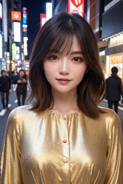 depth of field, cinematic lighting, uhd, masterpiece, anatomically correct, textured skin, 8k, Detailed eyes、Detailed face、Detailed expression、One Japanese woman、Age 35、Dark brown eyes、Facing the camera、Bright smile、Plain T-shirt、(Light brown hair with golden mesh:1.2), Asymmetrical bob cut hair、 Cowboy Shot、Watching the audience、