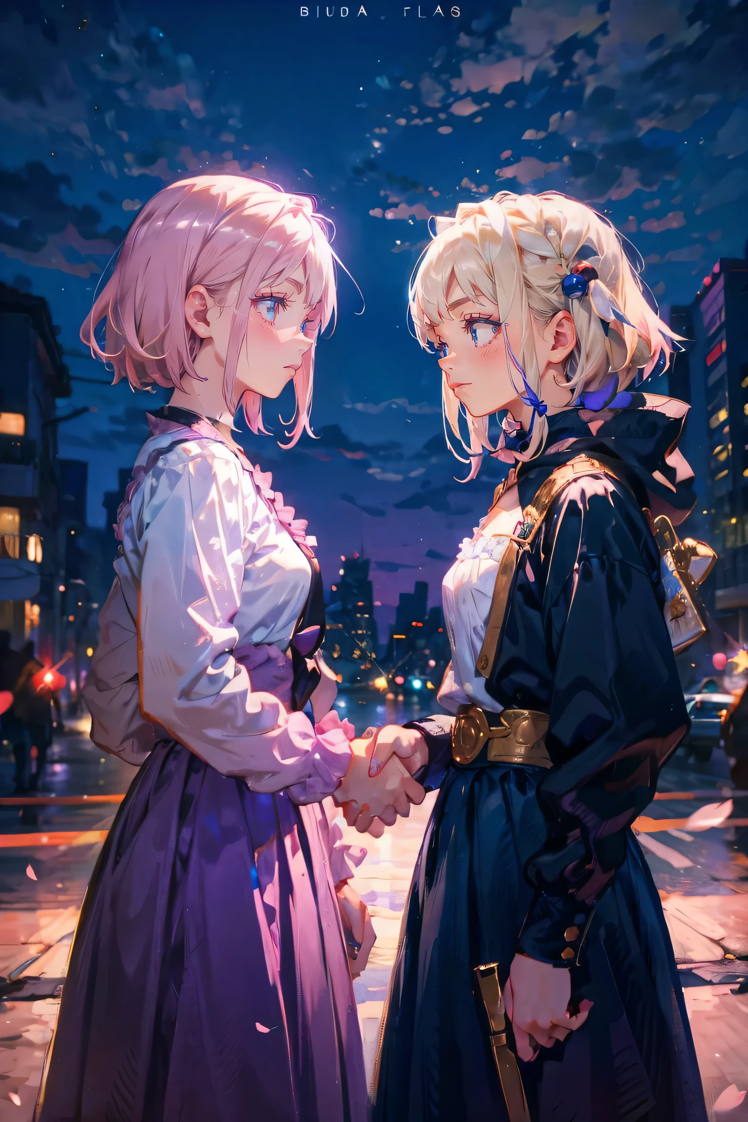 2girls,cute and cool,2girls shaking hands agreeing to an agreement they are in dress,profile,from side,
(A girl(((pink short hair,blue eyes)))),
(B girl(((blond long hair,purple eyes)))),