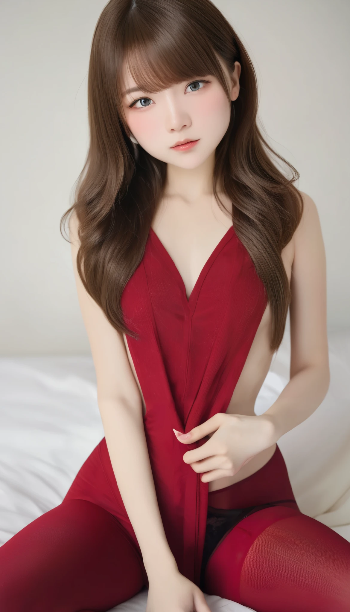 best quality 、Masterpiece、 one woman、、shy:0.2、 insanely cute 、、Beautiful grey eyes、Silky brown hair、 semi-long hair in string pants、white long knit fabric 、 big size knitwear、 loose fitting knitwear 、Long knit、 small breasts、Shapely breasts、 healthy thighs、 Red Stockings 、 garter stockings 、 uncomfortable stockings 、 Show Panties 、 perfect anatomy、Very delicate face、Correct finger、