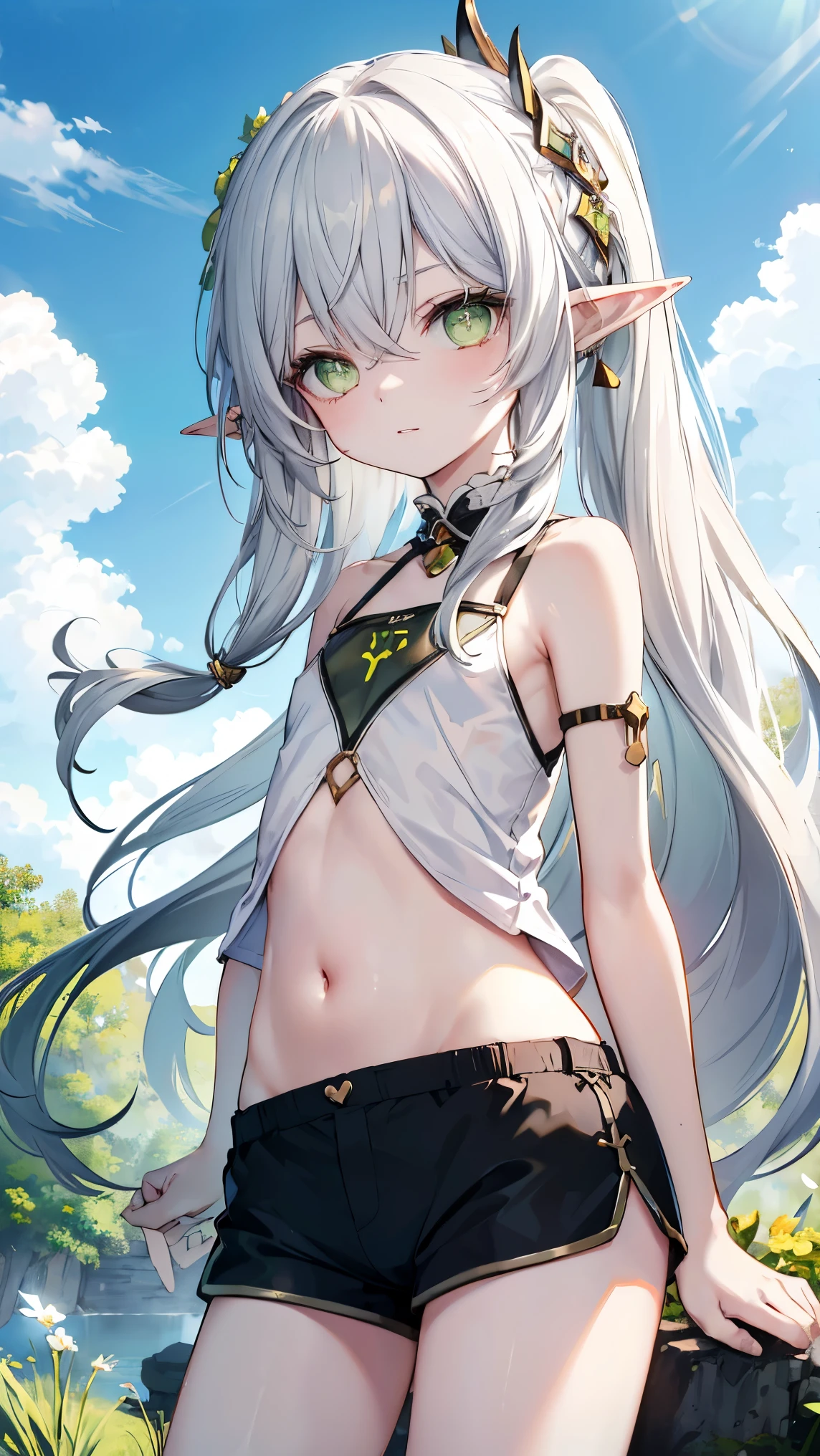 The elf stands and looks at the camera, A girl stands at a fair, green eyes and white hair, The wind lifts the skirt, You can see the underpants, blue skies, Beautiful clear blue sky, green hairpins in the hair, skinny waist, Slender figure, Appearance of the model, confusion, sexuality, nahida, pixie, elf ears, Beautiful ears, green colored eyes, People's casual clothes, black clothing, pantyhouse, black tights, little chest, You can see the, Upskirt, black clothing, White underpants, Elf Girl, Sweet girl, attractive anime girl, beautiful anime girl, Cute beautiful anime woman, detailed digital anime art, beautiful anime girl, beautiful anime girl, Anime with small details, Best Quality, Masterpiece, Ultra-detailed, Beautiful, hight resolution, Original,CG 8K ультрареалистичный, perfect artwork, beatiful face, Face Clean, Skin, hyper realistic, Ultra Detailed, A detailed eye, dramatic lighting, (Realistic) Realistic, Full HD, Best Quality, Best Quality, Beautiful lighting, (8k wallpaper of extremely detailed CG unit), High Details, sharp-focus, The art of dramatic and photorealistic painting, beautiful smile,