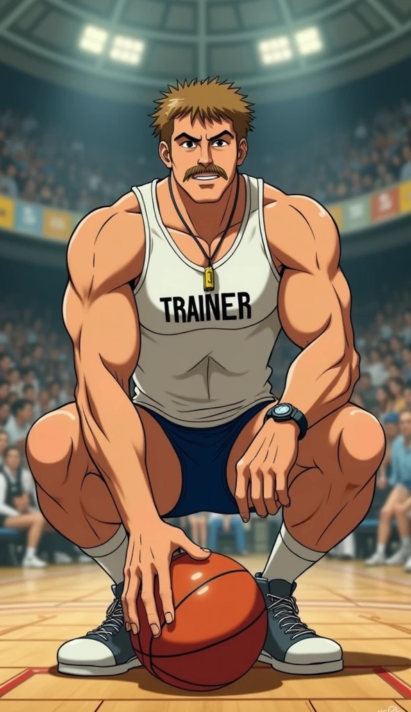a shirtless 35-year-old stocky chubby thick Japanese rugby player with short hair wearing only white briefs sitting on a bench and wide open legs in a park