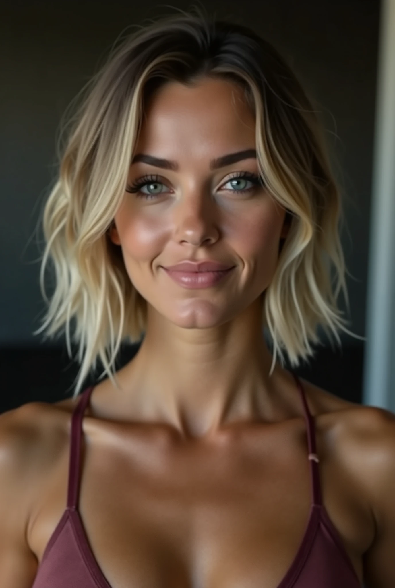 full body photo. Woman with her back to a mirror takes a selfie in the gym. the woman has her back to the mirror , but turned slightly to take the photo and smile in the mirror . white. Impressive 22-year-old woman with medium-length blonde hair styled in a disheveled bob. fair skin with visible natural details , , like subtle shadows under the eyes , , which gives her a raw and authentic look . Her face is natural and harmonious , radiating a natural beauty , with soft features and a minimalist makeup . Her striking blue eyes are captivating and tender , y they look at the spectator as if you were in love with them , creating an emotional and intimate connection . Her body is sexy and well proportioned , with medium breasts and an elegant , curvy silhouette (Bust 95 cm , waist 62 cm and hips 98 cm ). You must respect as much as possible the facial features in the reference images, That is, the color and shape of the eyes , the shape of the face , expression, shape and color of the lips and body type .