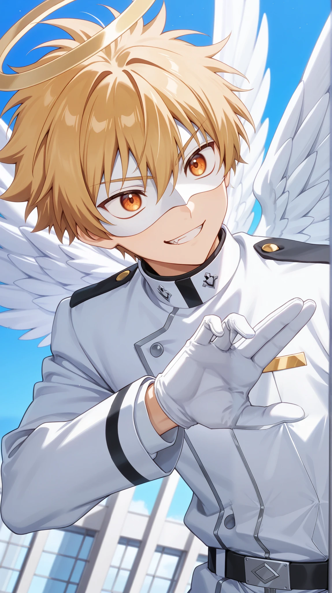 Domino masked men anime, solo, male focus,white student uniform,white mask,glove,angle,1boy,stare,white hero mask, Secret organization,mysterious grin,fang out,male focus,full eye mask,big angle wing,angle halo,golden eye,sky heaven bankground,angle pose, inuzuka shuu, blonde, orange eyes,