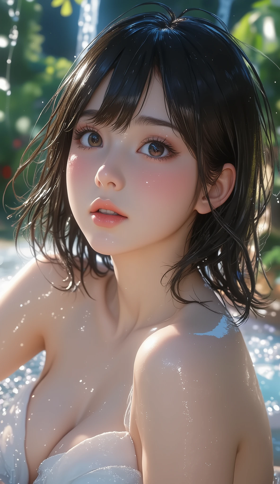 Ultimate beauty、mature、(Photorealistic:1.37)、(Beautiful Features、Detailed lips, Beautiful eyes with attention to detail)、(Beautiful Teeth), blush, Captivating Gaze、masterpiece，（Highest quality，Hyper Detail)、 Natural Makeup，Looking at the camera、alone，Cute woman in her 20s、(Big Short Bob Hair、(Bangs too)、((topless:1.6))、 (Maid clothes、Black Choker、Earrings), Side Lock, stage, Outdoor,  (Cum between breasts:1.6)、(Extreme close up:1.3)、(Chest tightness:1.2)、(Oral)、(Trance:1.5)、(Shooting from below)、(Open your mouth:1.2)