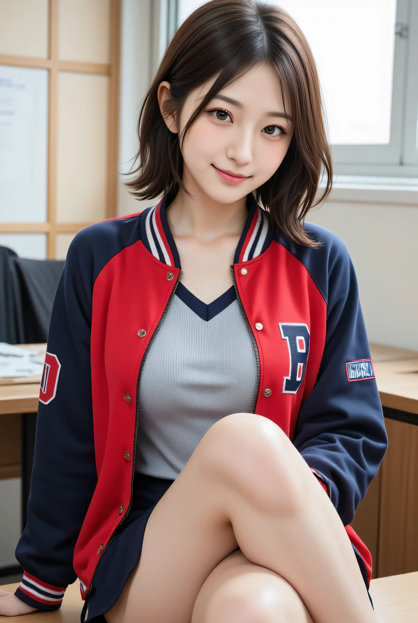japanese cute idol, Japanese cute girl, kawaii, a pretty woman is posing in basketball coat at the school , hair a bit messy, 1girl, solo, realistic, smile, school uniform, short hair, black hair, nsfw, masterpiece, best quality, hyper detailed, insanely detailed, 16k, japanese , cute, kawaii, photorealistic, Realism, raw photo, real person , 1girl, solo, black hair, long hair, breasts, realistic (smile :1.5)