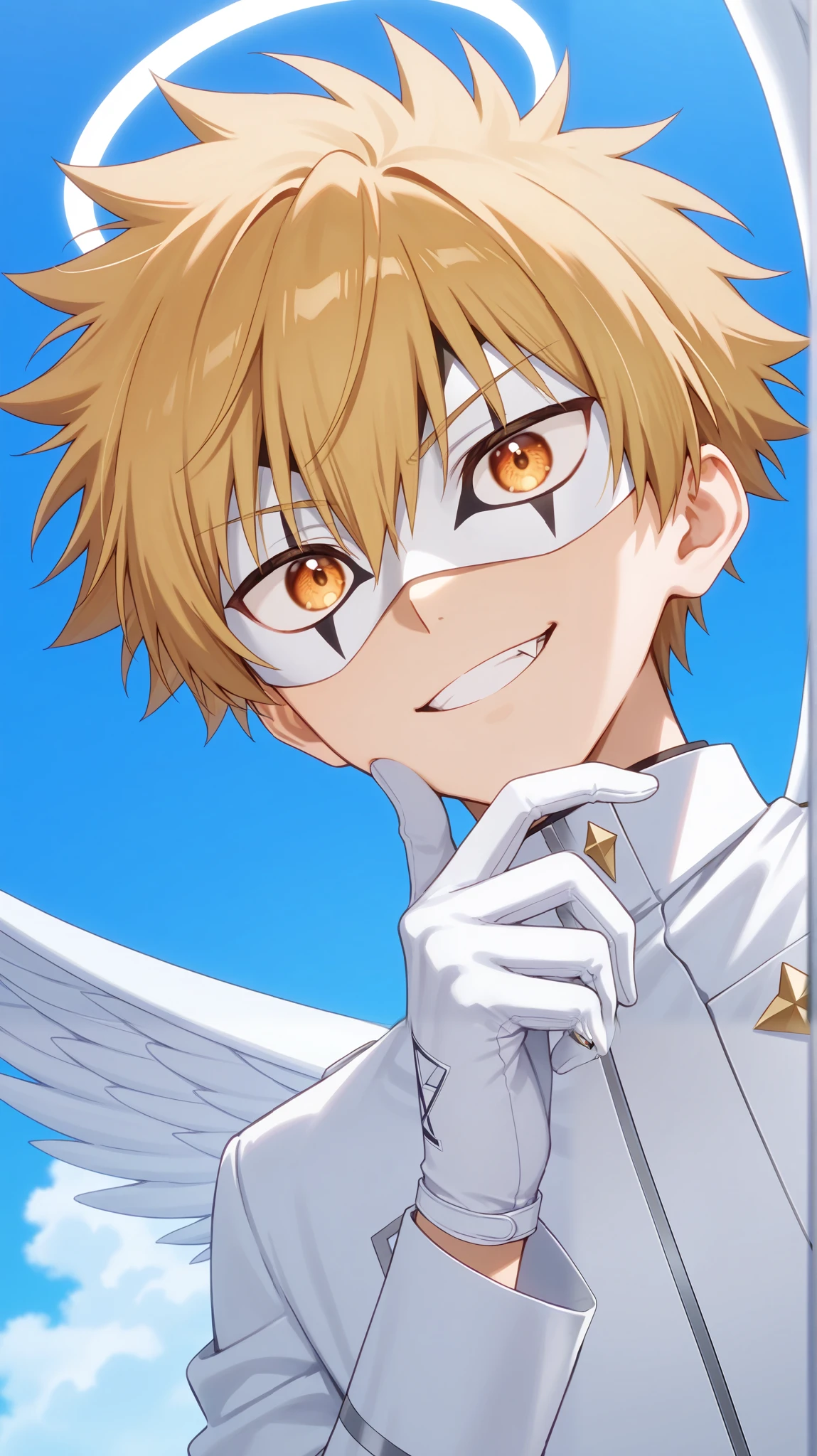 Pure White Domino masked men anime, solo, male focus,white angle uniform,white mask,glove,angle,1boy,stare,white hero mask, Secret organization,mysterious grin,fang out,male focus,full eye mask,big white angle wing,angle halo,golden eye,sky heaven bankground,angle pose, inuzuka shuu, blonde, orange eyes,touch chin pose,face focus,