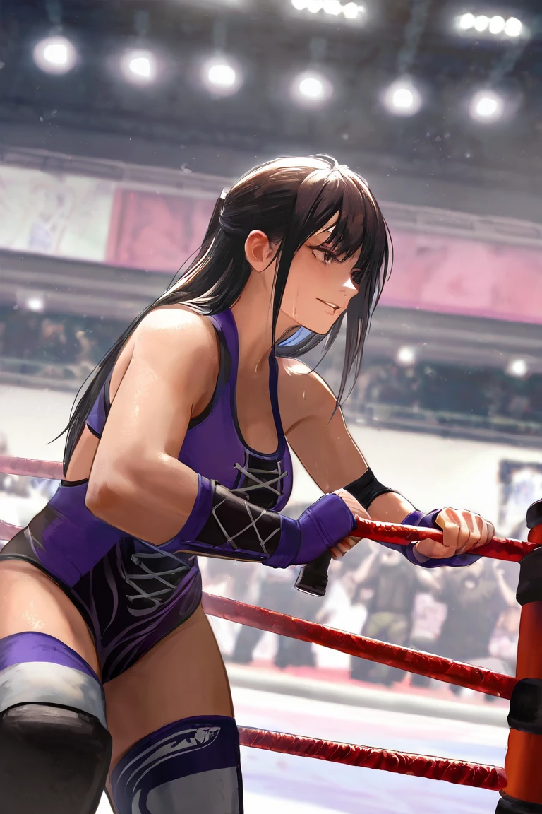 A female wrestler with a purple skull painted on her face, long brown hair, Her outfit would be her black top with purple and shorts, some black boots, the suit with silver and purple details in a wrestling ring