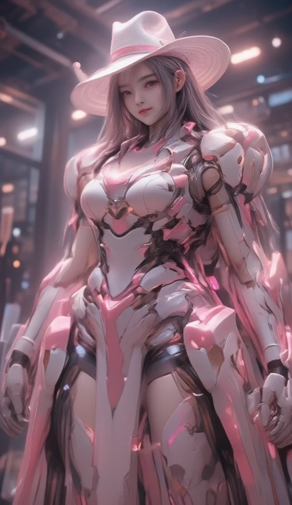 A stunning beautiful woman, cyborg, long legs, pink hair, athletic body, muscle body, 4k, 8k, realistic, highly detailed face, highly detailed body, highly detailed skin, full body shot, in frame, highly detailed muscles, beautiful, photorealistic, ultrarealistic, hyperrealism,