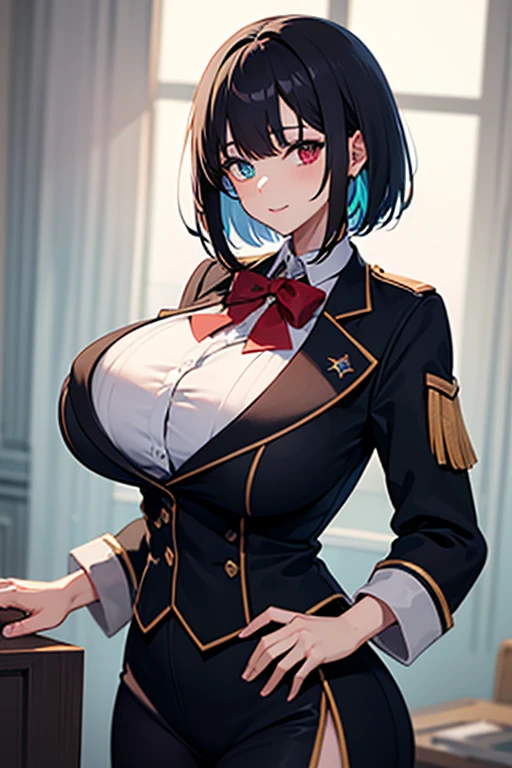 Face Focus , ((Highest quality)), ((Tabletop)), Perfect Face, （((Black knee-highs))) ,   Official Art,Black knee-highsソックス,Beautiful Face,smile,Standing posture,black tights,(((Thick thighs))),(((One Woman))),short hair,Black Hair,Plump,Inside the room,uniform,((((Black gloves)))),tie,Earrings,(((Huge breasts))),Standing posture,valley,mini skirt,blue sky,Outdoor,garden,