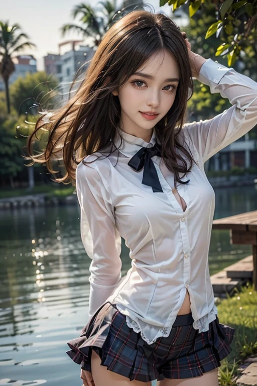 ((High school girl walking in a park by the lake))、((Wet white blazer))、((translucent white blouse、red bow tie、Dark blue checked skirt)). 40k, photograph, table top, highest quality, dark gray background, ((beautiful eyes、One girl in a wet brown pale short cut, . white skin, Versatile poses.((Medium chest,:1.1)), highest quality, table top, ultra high resolution, (realistic:1.4), RAWphotograph, (perfect body shape), (slim:1.3), slimな腹部, Perfect slim figure, dynamic pose, (((big :0.9))), alone, Cold light 12000K, very detailed facial and skin texture, fine eyes, realistic eyes, 美しくfine eyes, (realistic skin), charm, ultra high resolution, 超realistic, very detailed,、((she is wet)),((The wind blows up the skirt)),(lift the skirt)