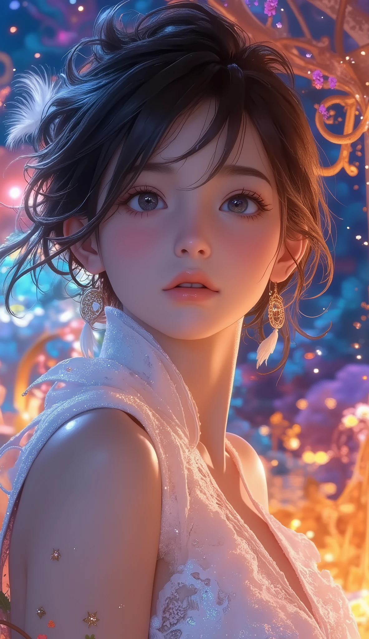 ( Official Art, beautiful and aesthetic:1.2), ( 1 girl:1.3),( Fractal Art:1.1),( colorful:1.1)(flower:1.3), Best Details ,( Zentangle:1.2), full body, ( abstract background :1.3), ( shiny skin), (Many colors:1.4), ,( earrings), (feather:1.5),