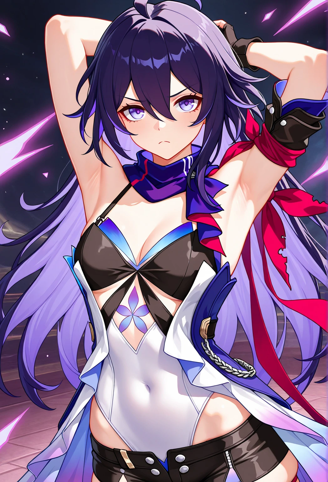 tmasterpiece,Best quality,extremely detaild CG unified 8k wallpapers, tmasterpiece, Best quality, CG, optics ,Raiden Mei (((Honkai Impact 3rd))),detail processing,((Purple pupil)),headgear, Purple long straight hair,((,MILF,A mature woman)),Huge breast,Intimacies,eventide,Clear face,face expressionless,bangle,((dancer/transparent sarong)), 