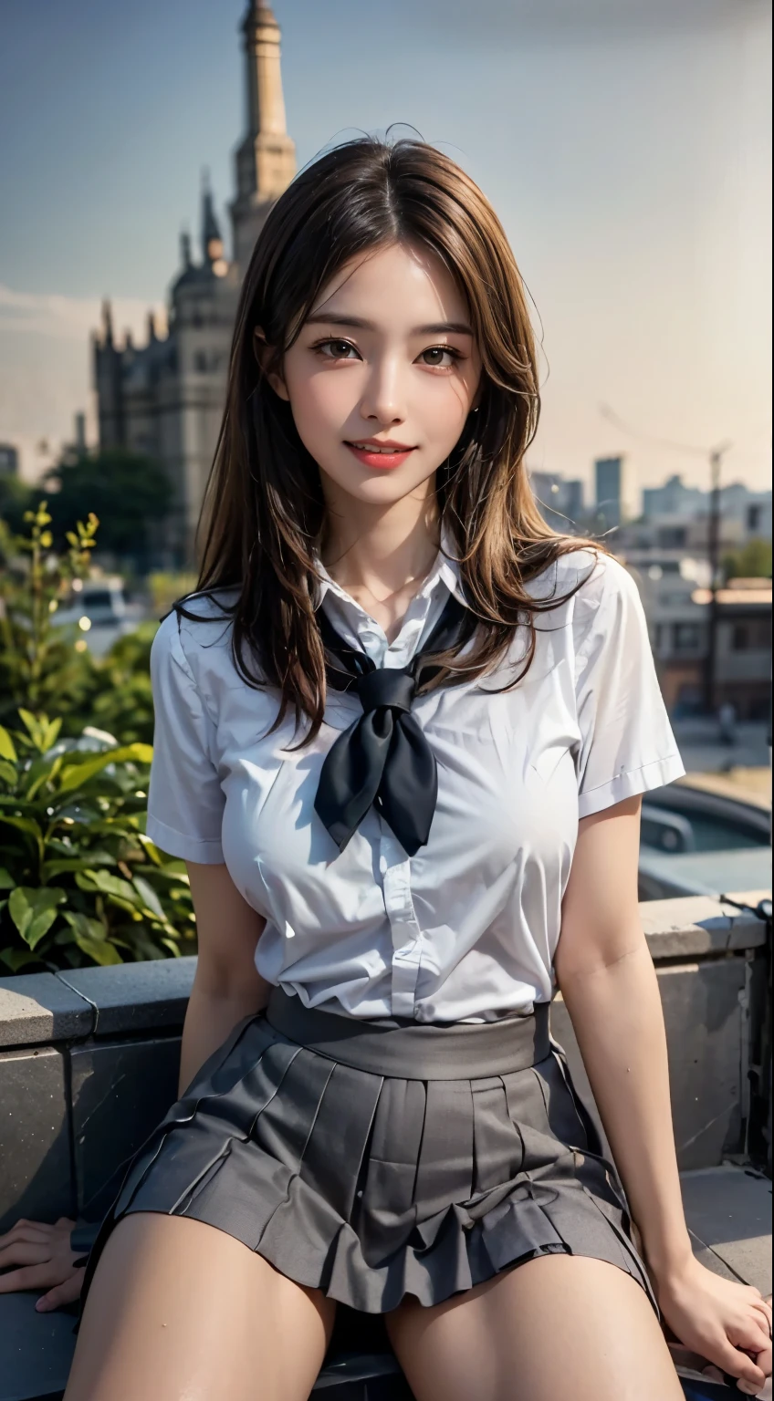 (8K), (highest quality: 1.2), (realistic), (realistic: 1.37), ultra high resolution, (1 girl, cute, smile, closed mouth, thick lips,red lip,beautiful details, beautiful nose, (straight black hair), giant dulcefo, self snap,(school uniform),white shirt,tie,pleated skirt,(black knee high socks),Squatting in the city at night, From above,close up of face,Unbutton two of your shirts,thin necklace