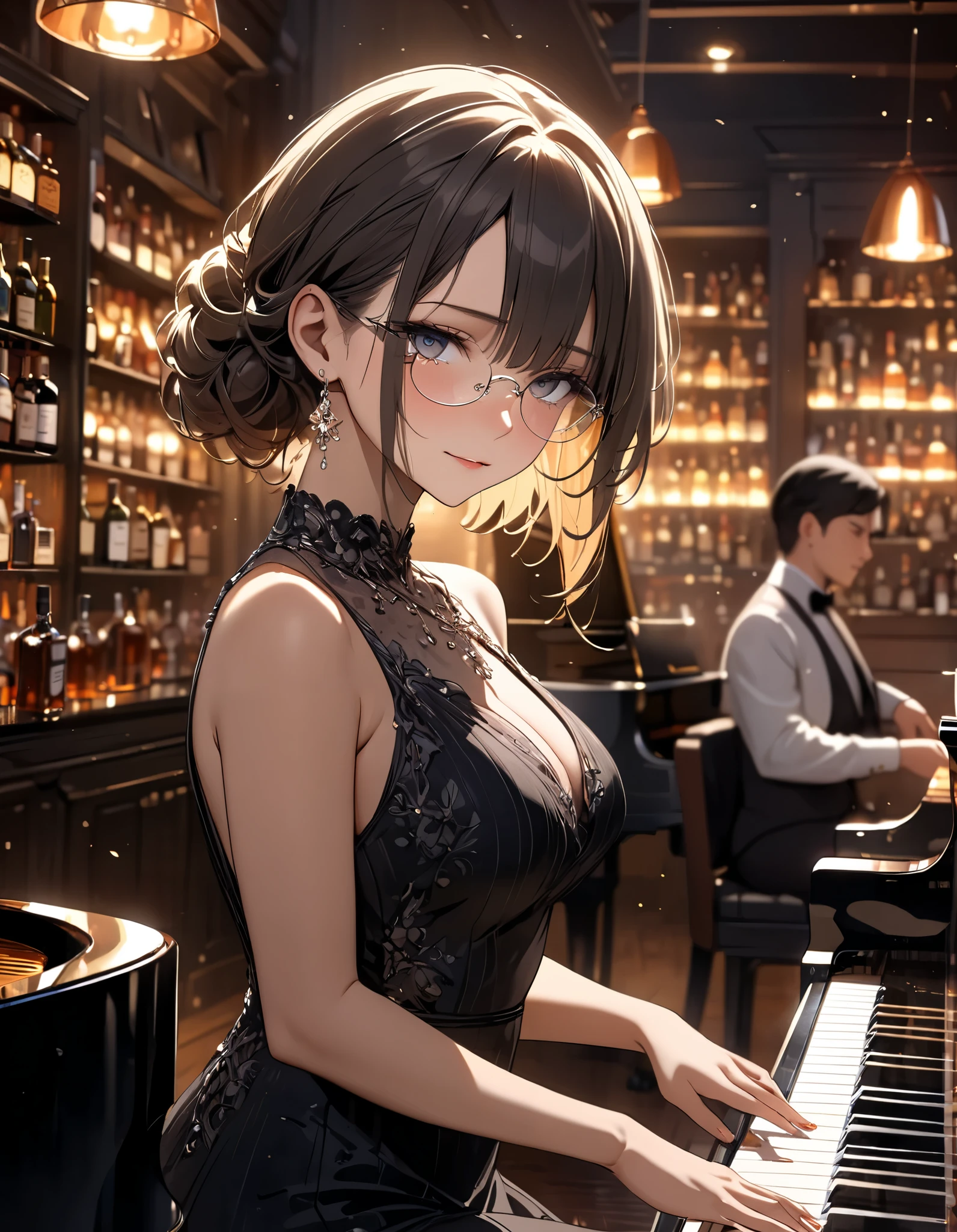((best quality)), ((masterpiece)), (detailed), perfect face, ((Best quality, 8k, Masterpiece: 1.3)), Sharp focus, Highly detailed face and skin texture, Detailed eyes, A sophisticated jazz bar with a warm and intimate ambiance, dimly lit by golden and amber-toned lighting. At the center of the scene, a talented female pianist plays a grand piano passionately, wearing an elegant black dress with subtle shimmering details. Her expressive face reflects deep concentration and emotion as her fingers glide effortlessly over the keys. Around her, patrons sit at small, round tables with crystal glasses of wine and whiskey, quietly enjoying the music. The background showcases shelves of premium liquor bottles and a stylish brick wall, enhancing the luxurious atmosphere