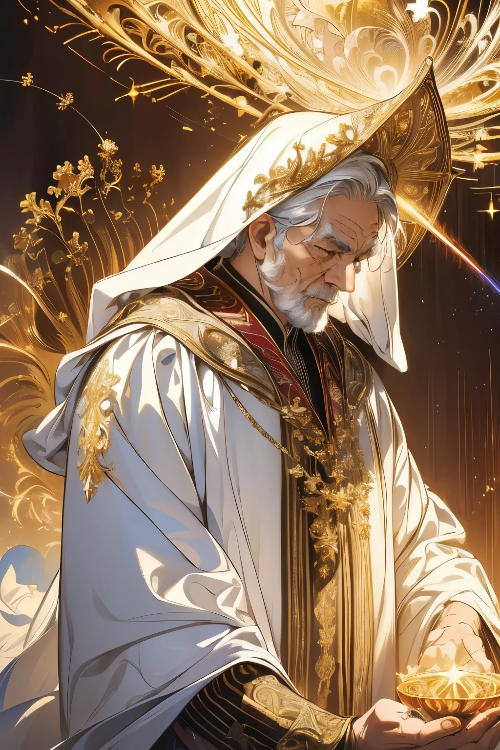 (masterpiece, best quality, highest quality, official art, beautiful and aesthetic: 1.2), (old man and one girl), extreme details, (fractal art: 1.3), colorful, best details, perfect face, upper body, high resolution, (prayer: 1.3), (golden lines on white cloak: 1.2), galaxy, (streaks of light), impressive visuals, (dynamic stripes, glowing trails: 1.2), bright colors,