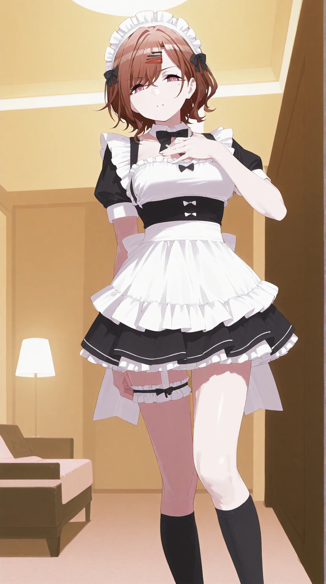 Best quality, ultra high resolution, (photo realism: 1.4), 1 girl, (ulzzang-6500:1.0), black hair, black and white maid attire, full body, white stockings