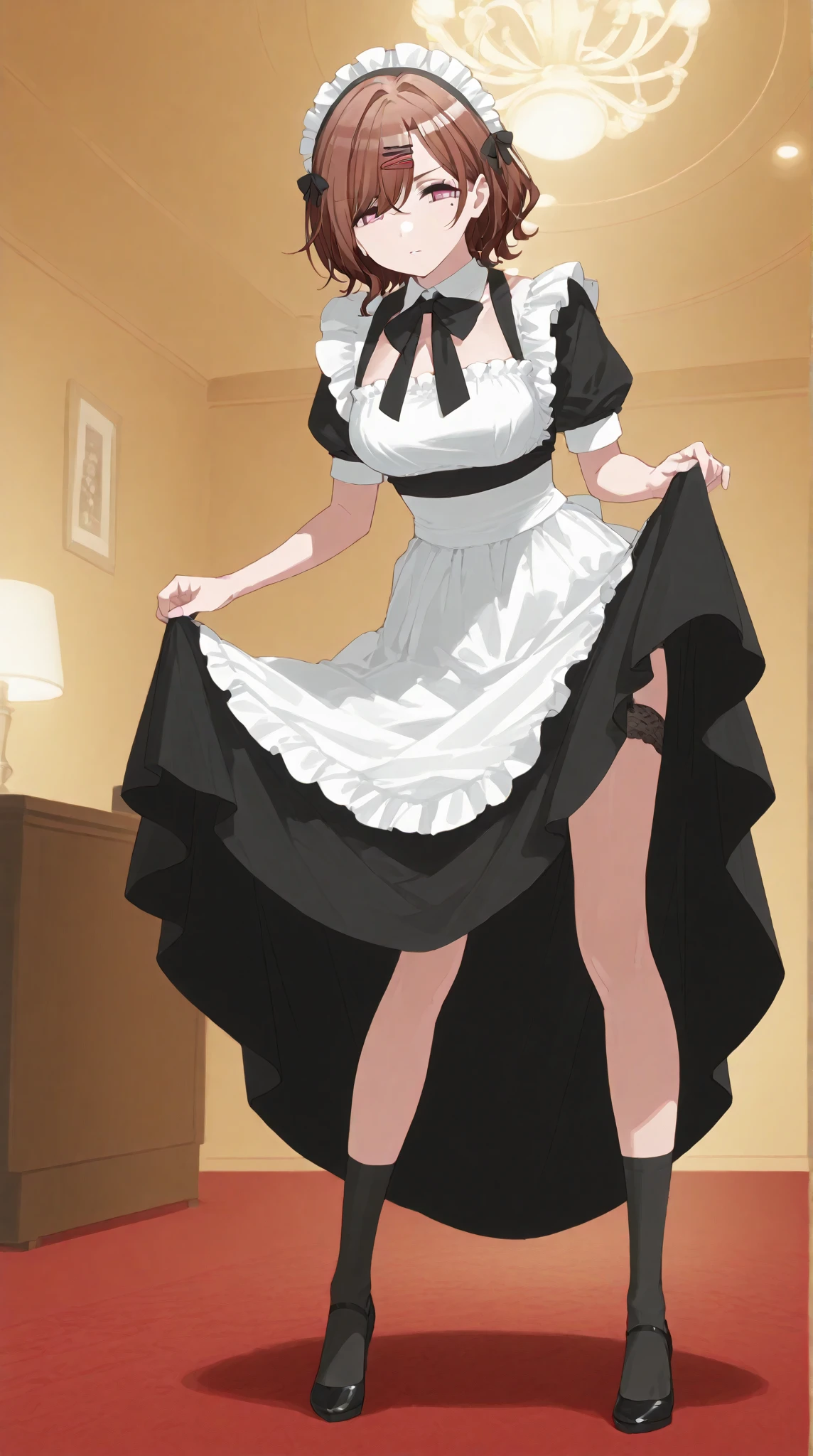 (masterpiece:1.2, top-quality, ultra high res, ultra detailed), (realistic, photorealistic:1.4), beautiful illustration, (natural side lighting, movie lighting), depth of fields, colorful,
looking at viewer, (full body, front view), 1 girl, maid, 20 years old, expressive eyes, perfect eyes, perfect face, (perfect anatomy), cute and symmetrical face,
(short hair:1.2, straight hair:1.2, brown hair), bangs, blue eyes, long eye lasher, (medium breasts), perfect balance, white skin, shiny skin, slender, bottomless,
beautiful hair, beautiful face, beautiful detailed eyes, beautiful body, beautiful thigh, beautiful legs, (detailed cloth texture),
(((closed shirt), puffy sleeves, long sleeves, black shirt, black skirt, maid headdress, white short gloves, white short socks, black lolita shoes)),
(beautiful scenery), evening, (flower garden), walking, (lovely smile, upper eyes, open mouth),