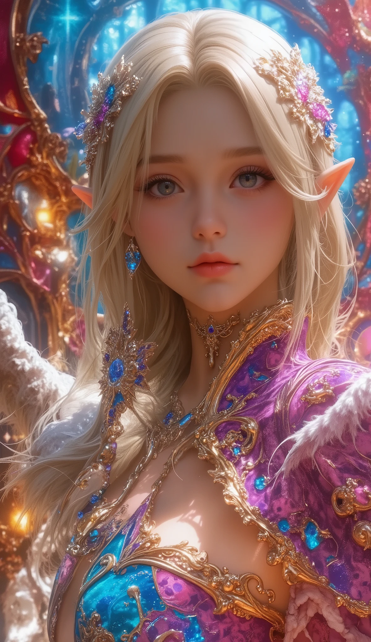 (((full medium shot))), (Masterpiece, photorealistic, photorealism, best quality, ultra-detailed:1.3), (nice hands, perfect hands), official art, cinematic light, (1girl:1.3), adult, world of warcraft, dark forest, An elf woman of otherworldly grace, she is adorned with a translucent dress of a pink hue. long blonde hair cascades over her shoulders, charming amber eyes glow softly, delicate shoulder chains and natural pink accents add elegance, and pearlescent ones dangle from her ears beads.enchanted kingdom.