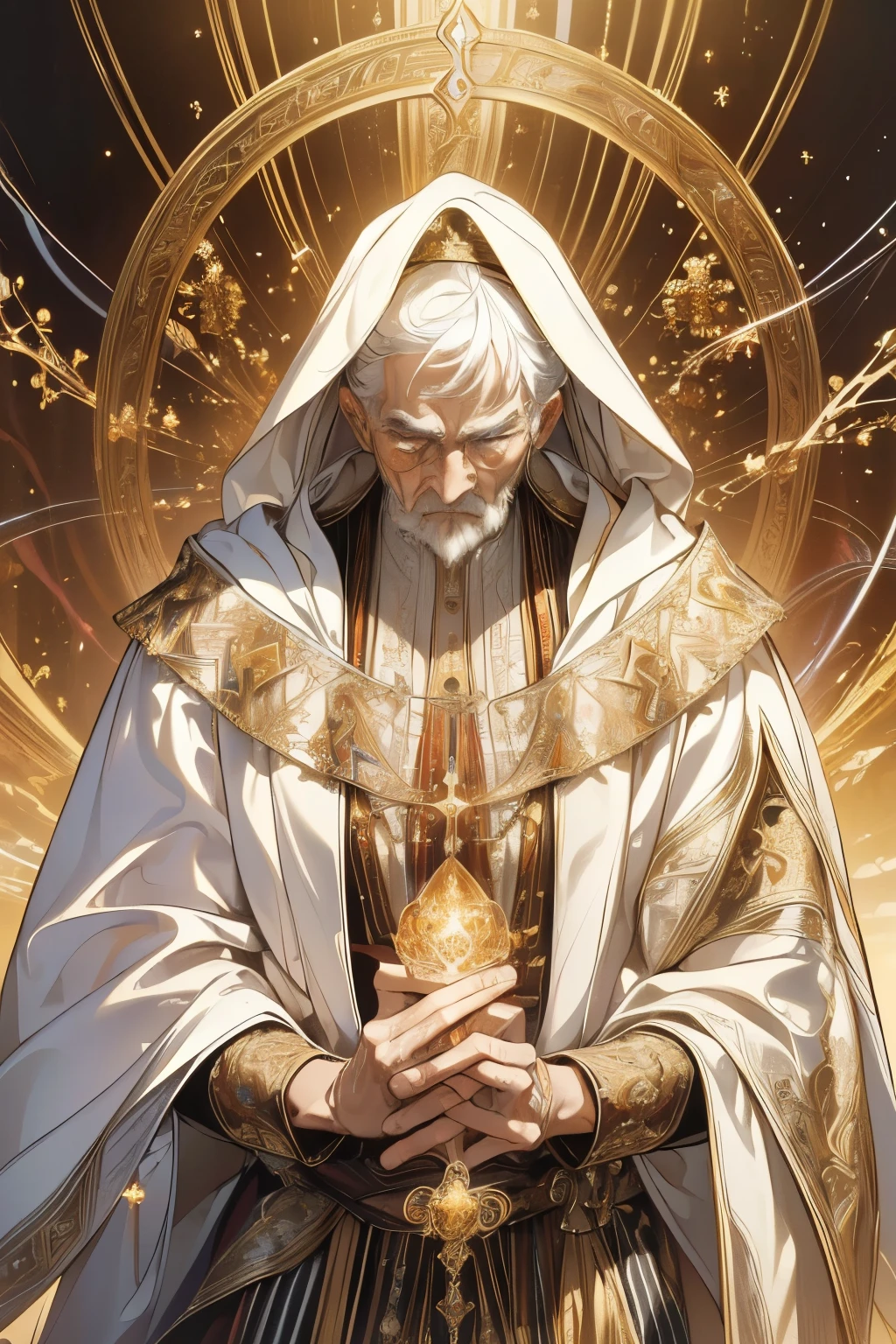 (masterpiece, best quality, highest quality, official art, beautiful and aesthetic: 1.2), (old man), extreme details, (fractal art: 1.3), colorful, best details, perfect face, upper body, high resolution, (prayer: 1.3), (golden lines on white cloak: 1.2), galaxy, (streaks of light), impressive visuals, (dynamic stripes, glowing trails: 1.2), bright colors,