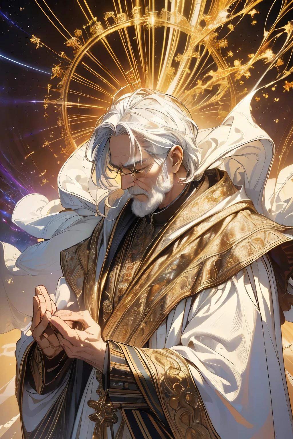 (masterpiece, best quality, highest quality, official art, beautiful and aesthetic: 1.2), (old man), extreme details, (fractal art: 1.3), colorful, best details, perfect face, upper body, high resolution, (prayer: 1.3), (golden lines on white cloak: 1.2), galaxy, (streaks of light), impressive visuals, (dynamic stripes, glowing trails: 1.2), bright colors,