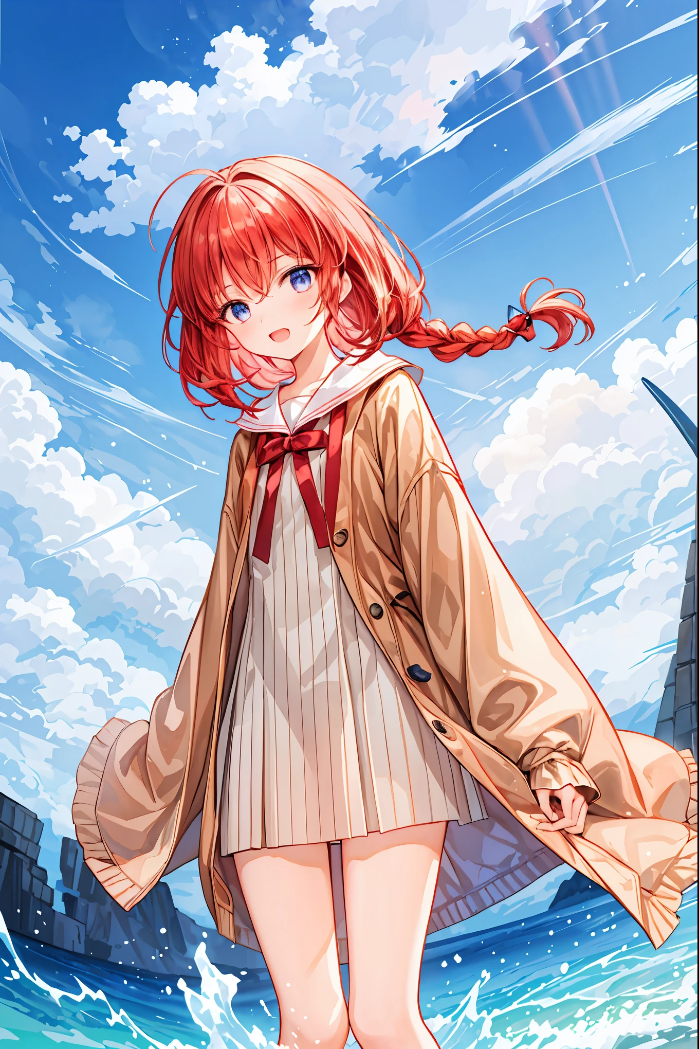 Masterpiece, 最 High Quality ,  High Quality , ( future:1.1),  cinematic lighting , ( beautifully detailed background),  beautiful hair detail ,  dramatic lighting,  
 1 girl, ( malicious laugh:1.2),  from below,   blurry background,  allows depth of field ,  dynamic pose with arms behind head, 
 cloud, colorful, star空の,star, tea hair， shortcuts， Unkempt Hair，Short braided hair，Neat， slender beautiful woman，Correct posture，Small chest， Beautiful Legs，魅惑的なグレーブルーの目はstarのように輝いている， droopy eyes ， bright colors, beautiful eyes,A delicate smile,Textured Skin, Best Quality at its Best , gentle and beautiful woman , anime style､