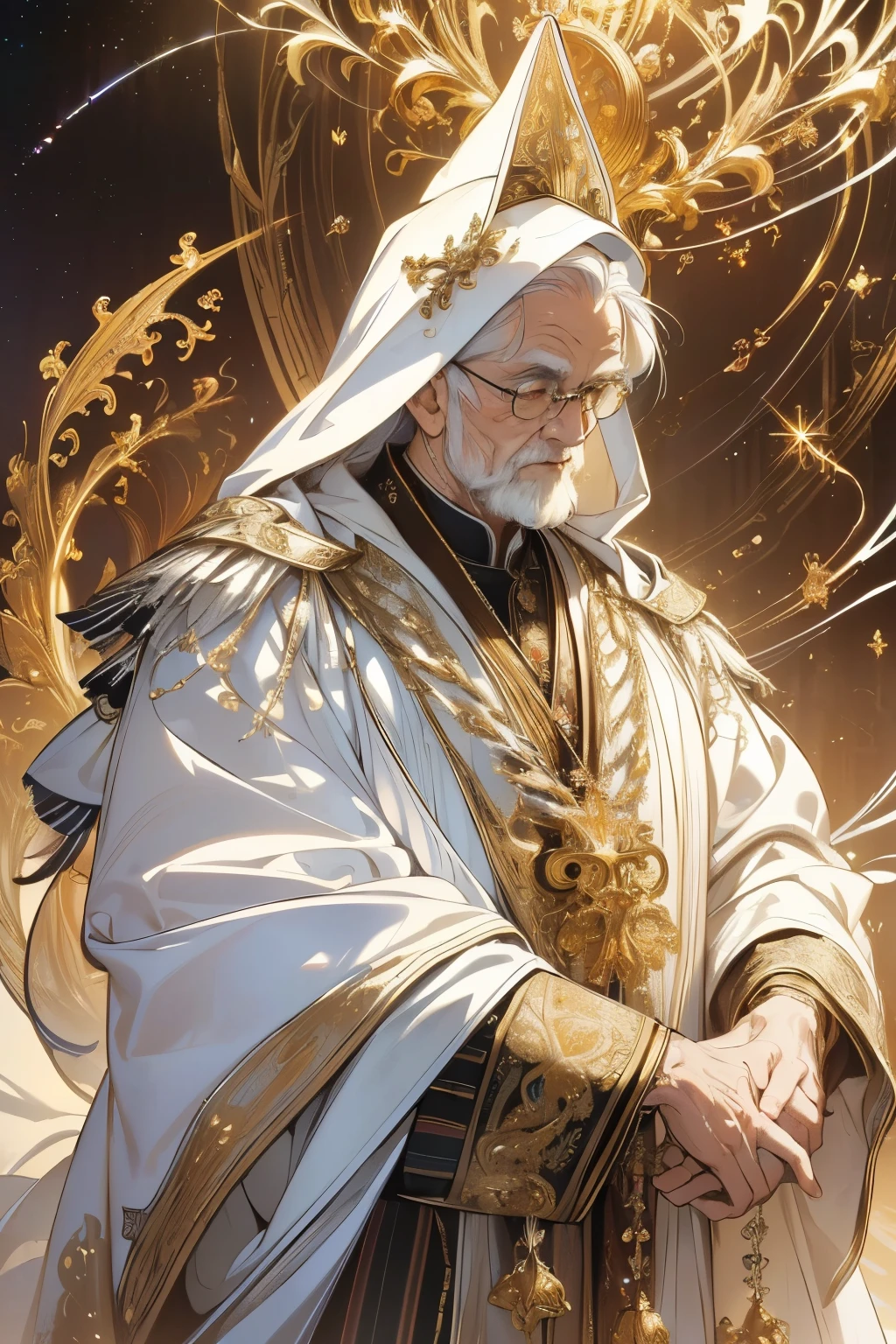 (masterpiece, best quality, highest quality, official art, beautiful and aesthetic: 1.2), (old man), extreme details, (fractal art: 1.3), colorful, best details, perfect face, upper body, high resolution, (prayer: 1.3), (golden lines on white cloak: 1.2), galaxy, (streaks of light), impressive visuals, (dynamic stripes, glowing trails: 1.2), bright colors,