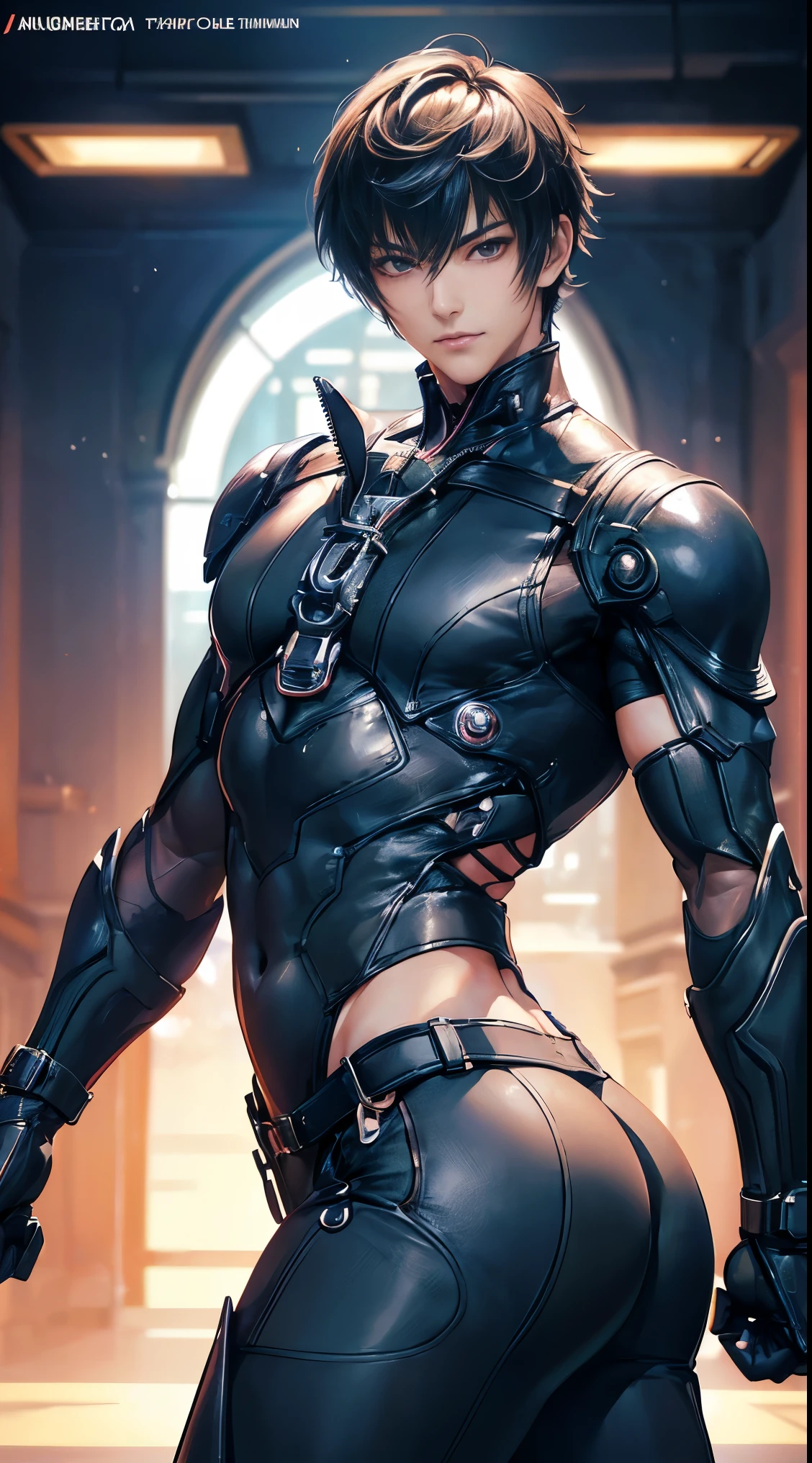 (Best Quality, Masterpiece, High Resolution), a boy, thin, light purple hair, purple eyes, bright eyes, robot, abs, white pants, white top, robotic arm, seductive pose, glowing lines , cowboy shooting, surreal, upper body, bedroom