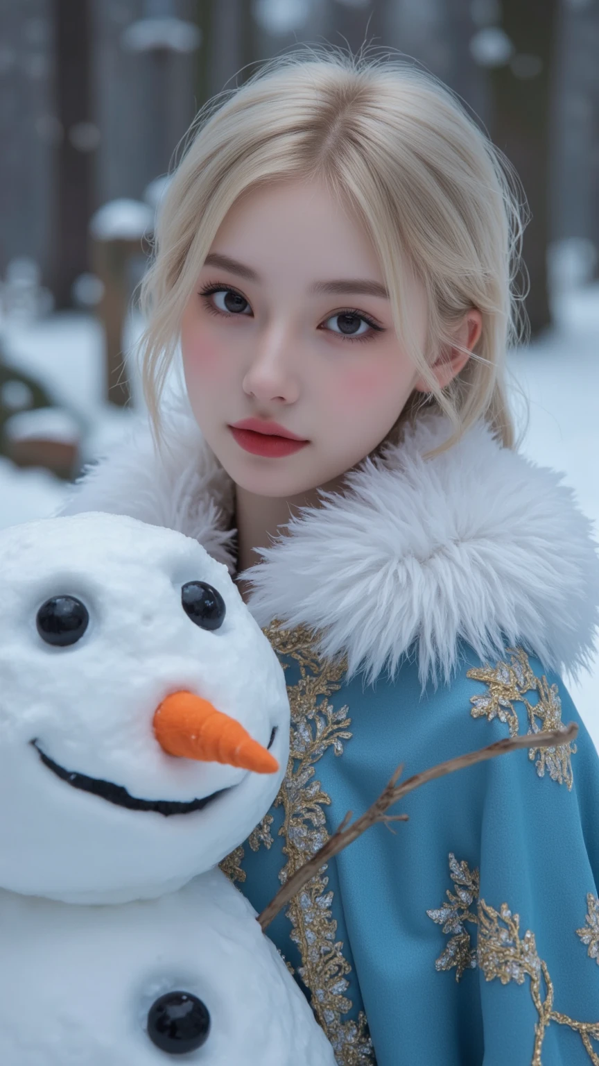 [mengli], Beautiful Snow Queen (beautiful eyes, beautiful red lips, white skin, long golden hair), wearing a blue cape with white hair, cape with beautiful gold thread embroidery with fine fractal pattern, shiny cape, smiling innocently next to a large snowman face, close up face, masterpiece, high quality, high definition, 8k, 16k, detail