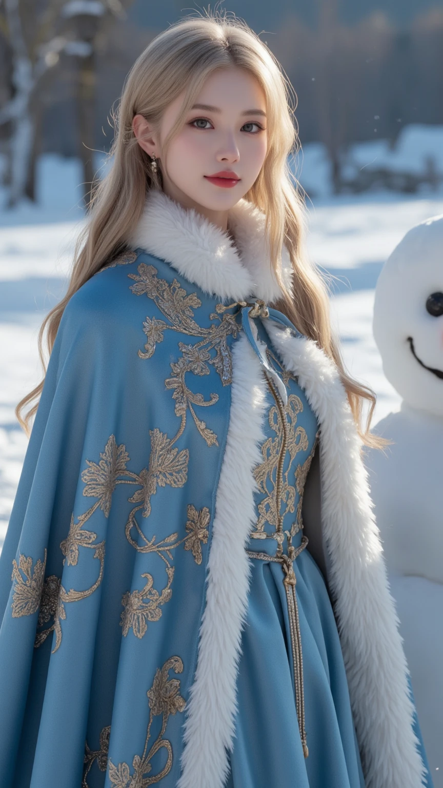 [mengli], Beautiful Snow Queen (beautiful eyes, beautiful red lips, white skin, long golden hair), wearing a blue cape with white hair, cape with beautiful gold thread embroidery with fine fractal pattern, shiny cape, smiling innocently next to a large snowman face, close up face, masterpiece, high quality, high definition, 8k, 16k, detail