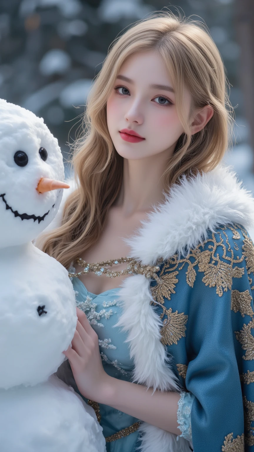 [mengli], Beautiful Snow Queen (beautiful eyes, beautiful red lips, white skin, long golden hair), wearing a blue cape with white hair, cape with beautiful gold thread embroidery with fine fractal pattern, shiny cape, smiling innocently next to a large snowman face, close up face, masterpiece, high quality, high definition, 8k, 16k, detail