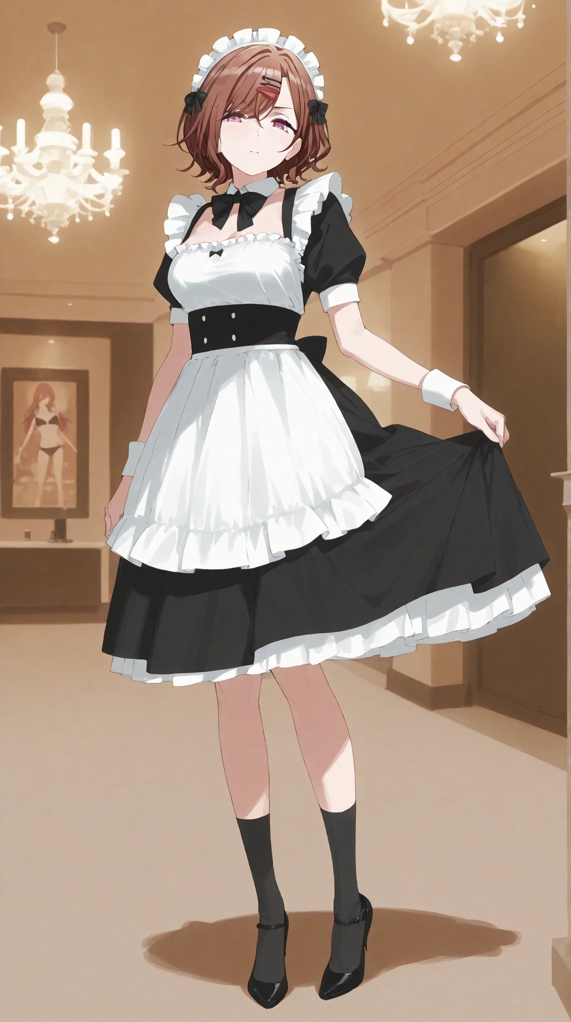 ((最high quality, High resolution, ユニティ 8k wallpaper)), (figure:0.8), (beautiful目:1.6), Highly detailed CG, Night Time, One Girl, Light blonde hair, Large Breasts, Hotel, Clear skin, (Hollow Eyes),(masterpiece), wallpaper,high resolution,Intricate details, beautiful, sexy, erotic, Obscene, Noise Reduction,Sensual,Seductive pose,Cute anime face,Black collar,high quality,Anime Style,Sexual,Shiny Hair,Expressionless,(ラブHotel:1.3),Showing cleavage,Emotionless face like a mannequin,Slightly open the mouth,Medium Short Hair,(A girl standing motionless like a living mannequin:1.4), (A girl standing upright in a glass case) , (A girl standing upright in a glass case), (A girl stands motionless in a glass case),Full body portrait,(looking away:1.2),(A girl is on display in a glass case.),(A girl on display in a glass case),Full Body Shot,((Black French maid outfit))),