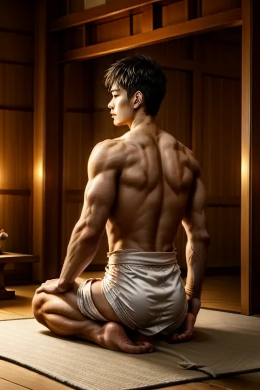 Picture Yami Sukehiro, a mature man over 40, sitting cross-legged on the tatami mat with intense focus. His feet were raised, toes pointed towards the ceiling, and his bare chest was exposed, revealing a dense mat of chest hair. Thick brows furrowed deeply with concentration, sweat dripped down his stubble-covered face, and a tick emerged from the corner of his mouth as he immersed himself deeper into his studies. The room was quiet, the only sounds being the turn of pages and the occasional sigh, but the tranquility was suddenly disrupted by an unexpected belch. His chest and abdomen rippled with each exhalation, and his eyes tw