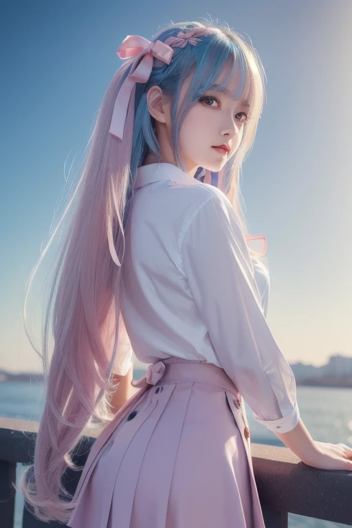 Official Art, masterpiece, Clear focus, (Beautiful, gorgeous and lovely Korean woman:1.3), (Beautiful and cute Korean:1.3), Korean beauty, exquisite beautiful hair、eyes and face, Practical, Super detailed, beautiful girl, Blue sky, Glowing white particles, (Side Light:1.2), Sunlight, White Cloud, Detailed clouds, slim, Very cute big and big butt, grin, ((Smile with your eyes, Open your eyes)), landscape, Long and straight hair, sexy facial expression, architecture, (city View:1.7), Dynamic Hair, Long and straight hair, Detailed platinum pink hair, glowing blue eyes, (Blue Pleated Shirt + White Skirt), White socks, Pale skin, Hair accessories, epic landscape,